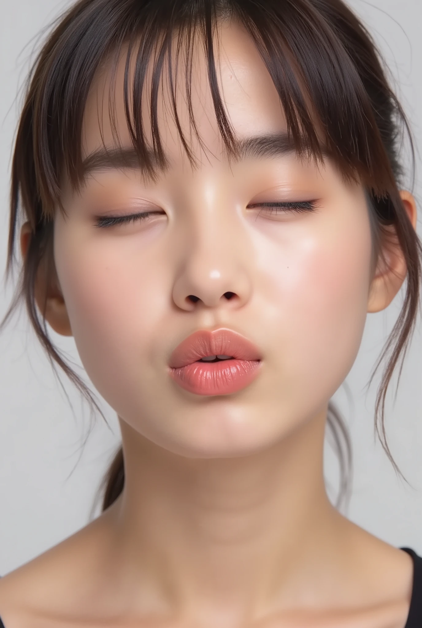 ultra-detailed close-up of a beautiful modern girl, collarbone-up composition, white studio background, soft natural lighting, soft focus on background,
camera angle slightly elevated (about 60 degrees), subject's chin gently raised, head and face facing forward, body posture suggesting slight tiptoeing,
eyes gently closed, dreamy and euphoric expression, cheeks and ears flushed with bashful blush, lips tightly puckered and strongly protruding,
mouth forming a rounded "O" shape like whistling or blowing a kiss, kissy lips, extremely glossy and moist lips with shimmering highlights,
natural-looking shiny lip gloss as the only makeup, skin is matte with visible peach fuzz and realistic pores,
subtle facial contour blur to guide viewer’s gaze toward lips, cute and soft dere-dere mood,
deeply affectionate smile while puckering, hands behind the back and not visible, black camisole straps slightly visible,
overall overflowing with affection, adorably seductive and shy charm, longing and dazed joy, subtly coquettish expression,
no vintage look, fully modern skin tone, hair texture and color corrected to current aesthetic standards