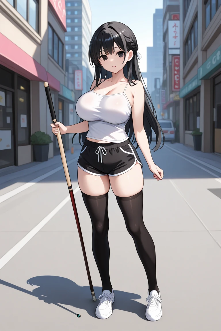 a hot asian girl with big and wide hips wearing a black tight shorts and a black crop top shirt eating a popsicle