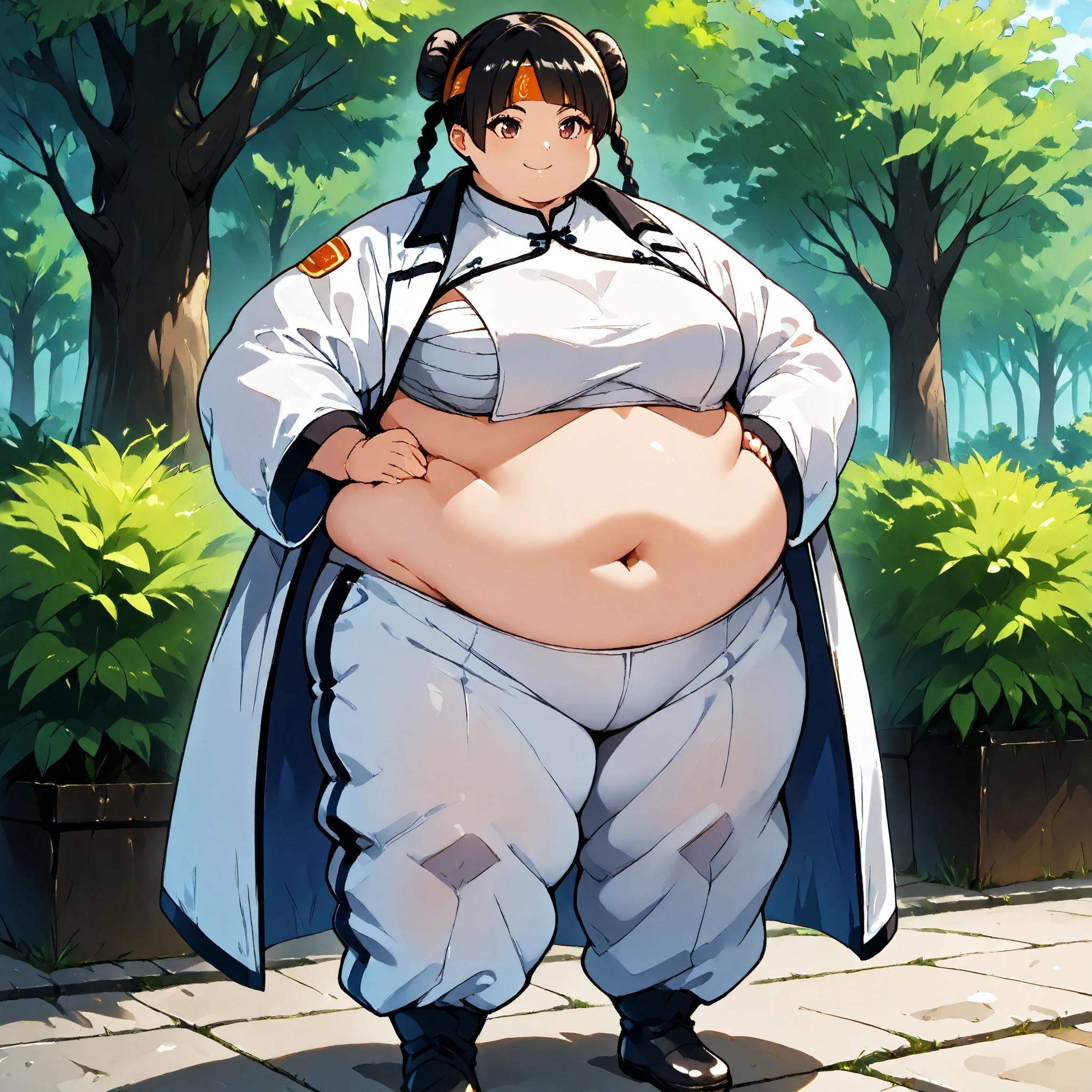 masterpiece, best quality, score_9, score_8_up, score_7_up, score_6_up, outdoors, 1girl, xiaoyu, long hair, hime cut, twin braids, double bun, bangs, parted bangs, twin tails, black hair, female focus, solo, white jacket, white pants, headband, short hair, smile, black footwear, coat, crop top, midriff sarashi, sarashi, full body