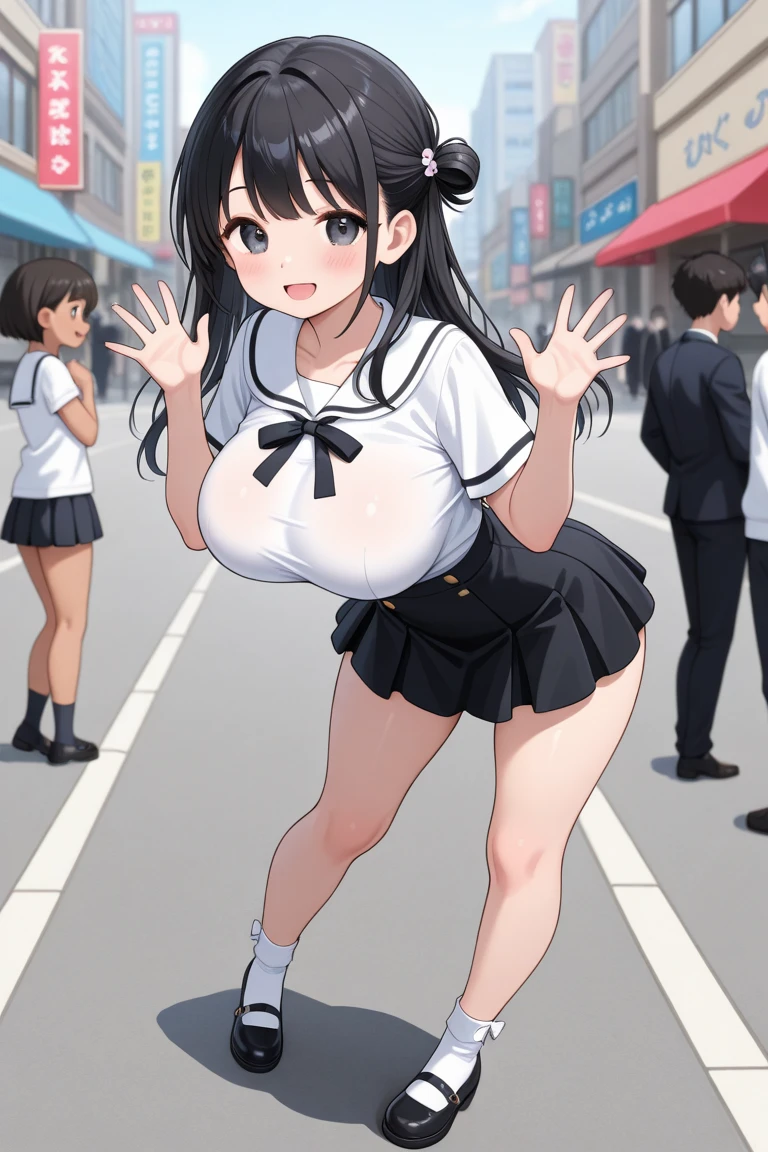 1 girl, brown hair, (giant breasts), tank top, huge cleavage, purple eyes, street view, pleated skirt