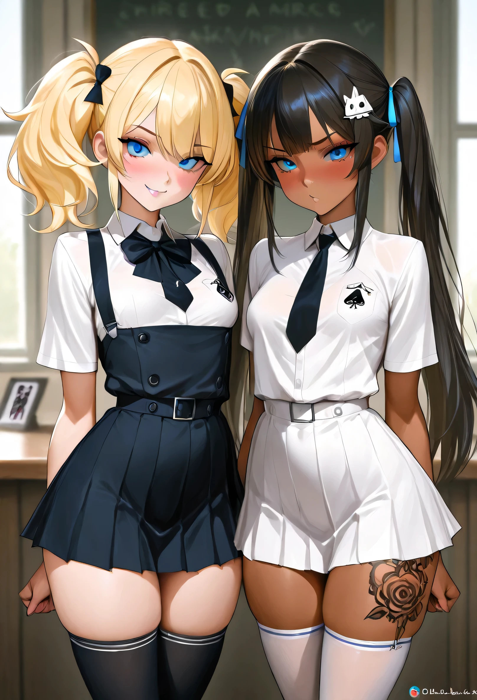  bimbo, blonde, blue eyes, pigtails, dark tan. Wearing black and white schoolgirl uniform with "BLACKED" printed on the front Ace of spades tattoos. Attending BLACKED university. BBC tattoos. Demanding young white  girls breed black immediately. Using a white  as an example of how to properly breed a black cock.