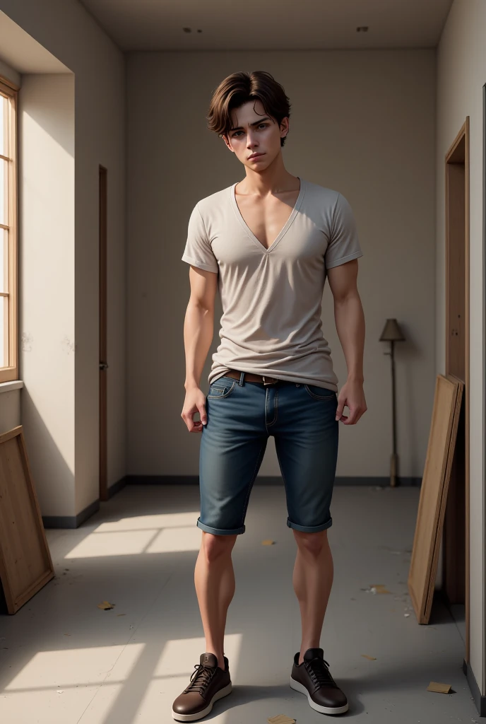 A young man,Full body photo,only in panties,standing straight,hands on both sides of the body,2k