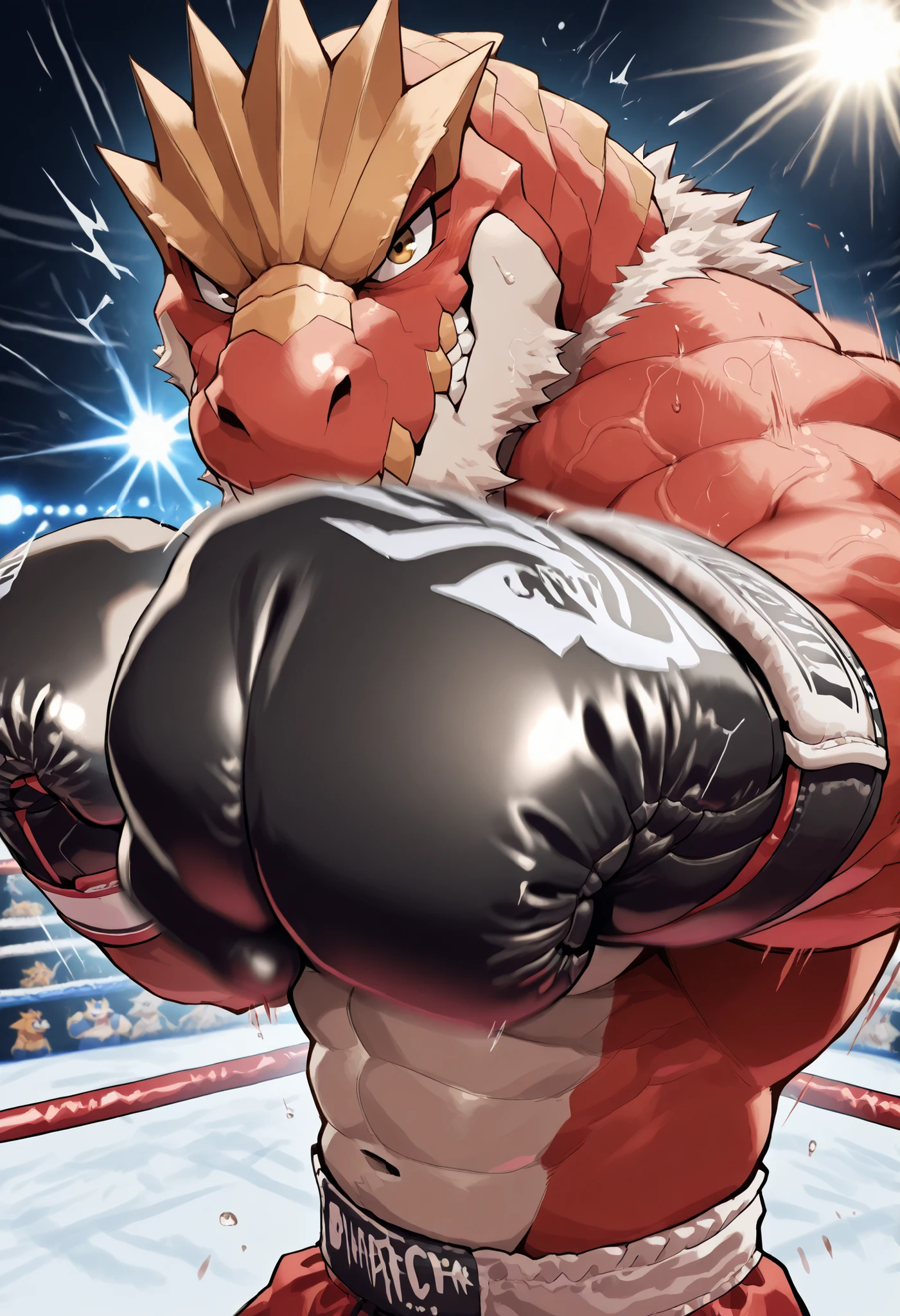 zPDXL3, pov_boxing, mercilessly punching_the_viewer, foreshortening, motion blur, black boxing gloves, depth of field, extreme perspective, extreme closeup, closeup, action shot, boxing, dynamic punching pose, motion lines, impact lines, mercilessly punching the viewer, cropped head, boxing ring background, braker tyrantrum heavy wait boxing champion, furry male, heavy muscular, veiny muscles, looking at viewer, ruthless smile, bedroom eyes, smug, bara, large pectorals, lowangleview-3000