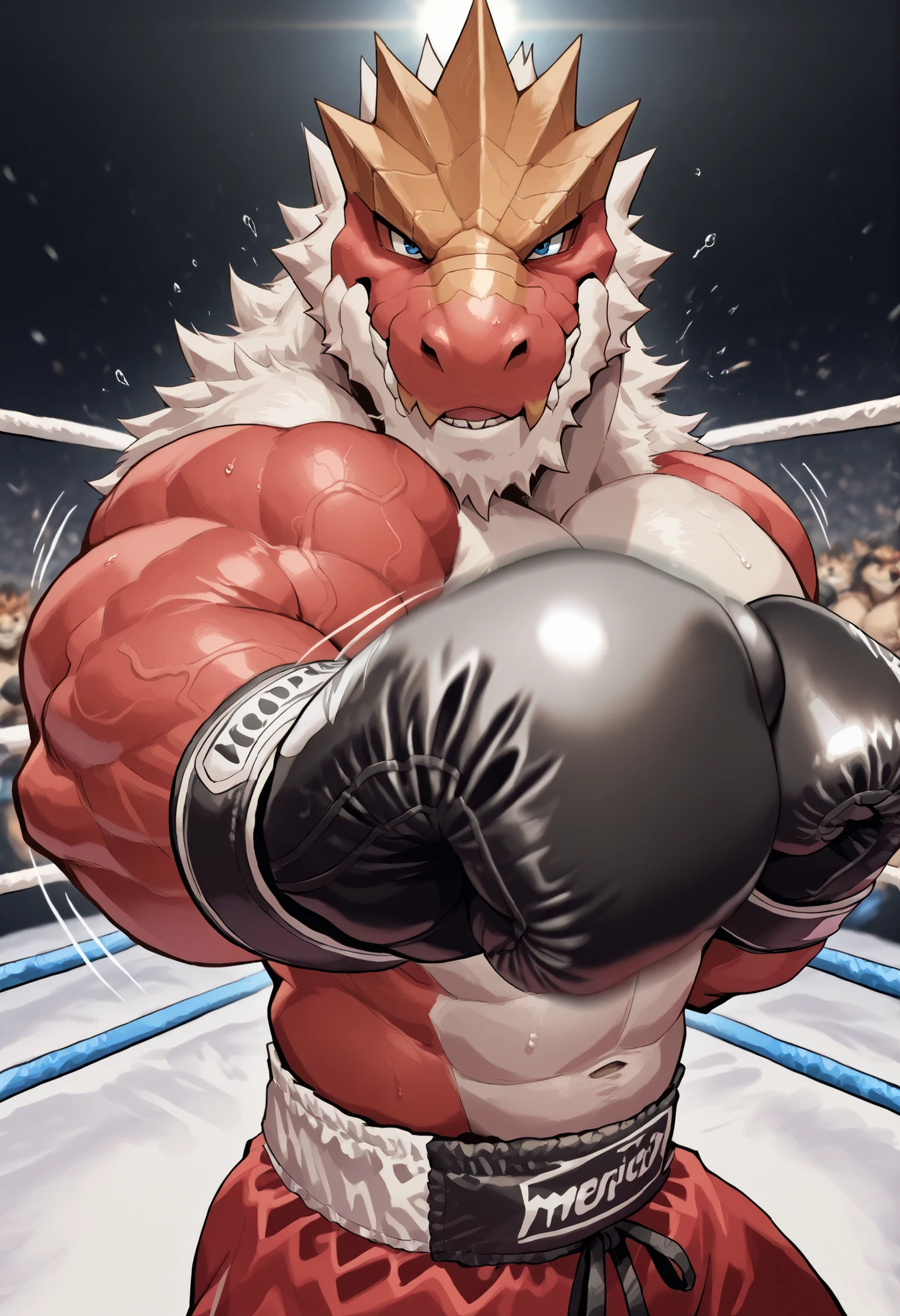 zPDXL3, pov_boxing, mercilessly punching_the_viewer, foreshortening, motion blur, black boxing gloves, depth of field, extreme perspective, extreme closeup, closeup, action shot, boxing, dynamic punching pose, motion lines, impact lines, mercilessly punching the viewer, cropped head, boxing ring background, braker tyrantrum heavy wait boxing champion, furry male, heavy muscular, veiny muscles, looking at viewer, ruthless smile, bedroom eyes, smug, bara, large pectorals, lowangleview-3000