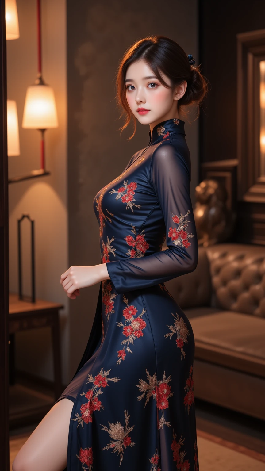 8K, table top, RAW photo, highest quality, realistic, Highly detailed CG Unity 8K full body,wallpaper, Depth of bounds written, cinematic light, Lens flare, ray tracing, (very beautiful face, beautiful lips, beautiful eyes), face with intricate details, ((super dense skin)) 1 girl, in the dark, deep shadow, cute korean girl, K-POP idol, 1 girl, (very slim and slender fit muscular body:1.3), ((looking at the viewer)),(big smile:1.3), (fashion city night, dark night, (neon sign), (blurred background), fashion street night),(no people in the background:1.3), beautiful earrings, bracelet, pantyhose, clear eyes, walk, (white skin), (Big eyes), look forward, (brown hair), (full body shot), ((Silk cheongsam:1.3)), ((tight fit dresses)), , (looking at the viewer:1.3) open chest, very slim, medium breasts, backtracking, (buckshot), focusing, before the eyebrows,(tight dress), thick thighs,frameless eyeglasses,Beautiful ponytail,big ass,muscular back,doing a knee kick,high heels,Developed calf,long legs,