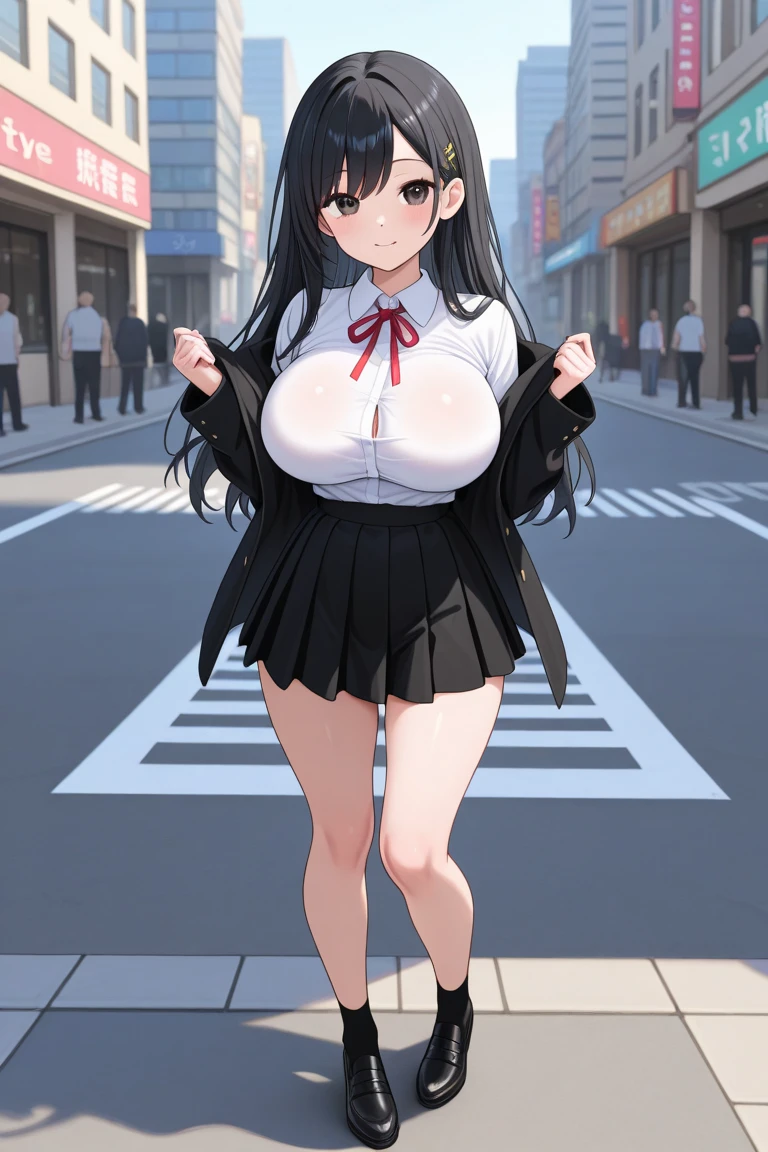 jtfmob,halo,hair over eyes,black hair,long hair,beret,black serafuku,black shirt,long sleeves,black miniskirt,choker,black gloves,black socks,black shoes,outdoors,cityscape,sweat,wavy mouth,hand on own cheek,standing,((very huge breast)),hand under clothes
