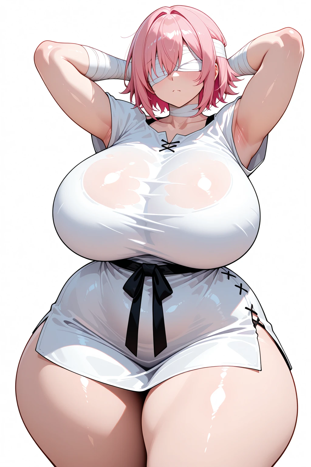 (semi-realistic:0.8), masterpiece, best quality, simple background, 1girl, solo, (chubby, curvy, thick), (cube hair ornament:0.8), pink hair, long hair, shameful face, beautiful eyes, shy, blush, closed mouth, gigantic breasts, huge breasts, big breasts, big areola, cleavage, huge ass, big ass, (((wide hips))), choker, elbow gloves, (loincloth), thighhighs, standing, hands on own chest, looking at viewer, front, front view, from below, cowboy shot