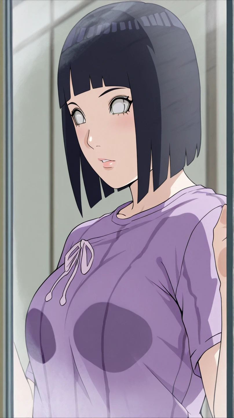 Made, absurderes, Hinata\(Boruto\), 1girll, Solo,Mature female, view the viewer,Perfectcomposition, Detailed lips, big breast, Beautiful face, body propotion, Blush, (Pink lips), Long hair, Purple eyes, Soft gaze, Sad smile, Super realistic, Detailed, photoshoot, Realistick faces and bodies,(The top is worn with an ultra-short white top,The lower body is wearing ultra-shorts with long black stockings),(perspire,Sweat a lot,Blushlush,Be red in the face,Blushlush),(Bigboobs),Outdoors,Stand at the door of the phone booth,natta,raining day