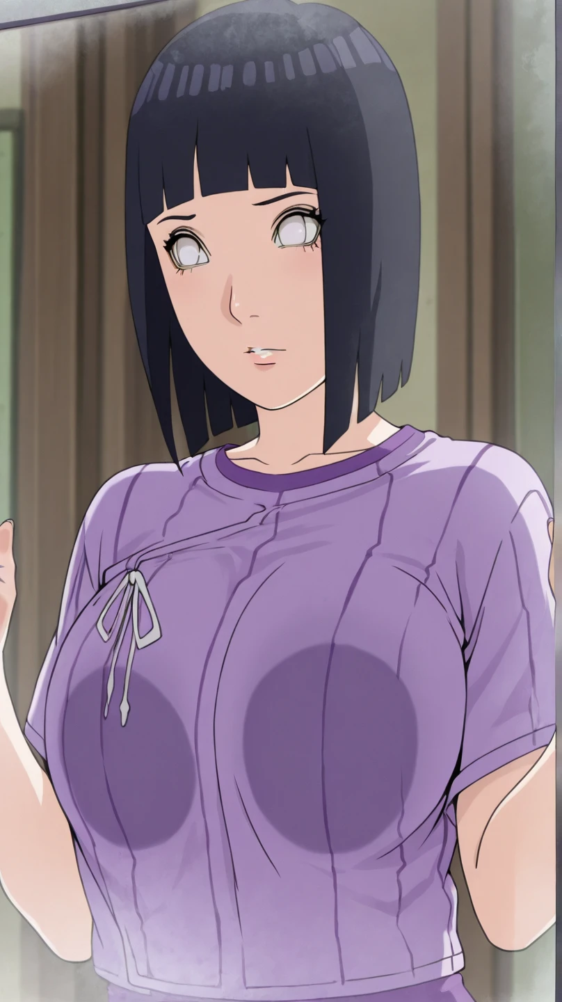 masterpiece, best quality, ultra-detailed, illustration,1girl, long hair, dark blue hair, French braid, purple eyes, blunt bangs, shirt, (denim overalls:1.1), large breast, looking at viewer, Hinata/(Boruto/), (((nipple)))