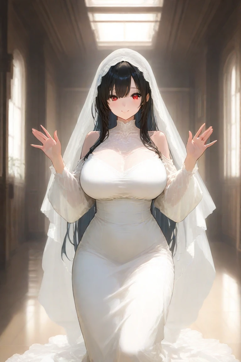 ((anime artstyle)),(((Masterpiece))), ((Best Quality)), ((Super Detail)), Illustration, (((Very Delicate and Beautiful))),Dynamic Angle,Looking at viewer,((((Solo)))),June bride,((((1 arrogant pregnant empress in See-through white wedding dress having a wedding ceremony in a royal palace)))),(((heavily pregnant))),(last month of pregnancy),((((Full body)))),(standing),((((embarrassed)))),anguish,Purple eyes,(Sharp eyes),Detailed Face, Long Eyelashes,Jet Black Hair,(Straight Hair),((Very Long Hair)),Bangs between eyes, ((((gigantic breasts)))),cleavage,skindentation,curvy,See-through,(((fusion of See-through white wedding dress and white rococo ball gown))),(fluffy See-through white wedding dress with gorgeous embroidery),((hoop skirt)),long skirt,corset,crinoline,(long bridal veil),opera gloves,finely decorated jeweled big tiara, gem earrings,finely decorated necklace,Beautifully jeweled ornaments,indoor,white lily flowers, flower petals flowing,Stained glass,light particles,