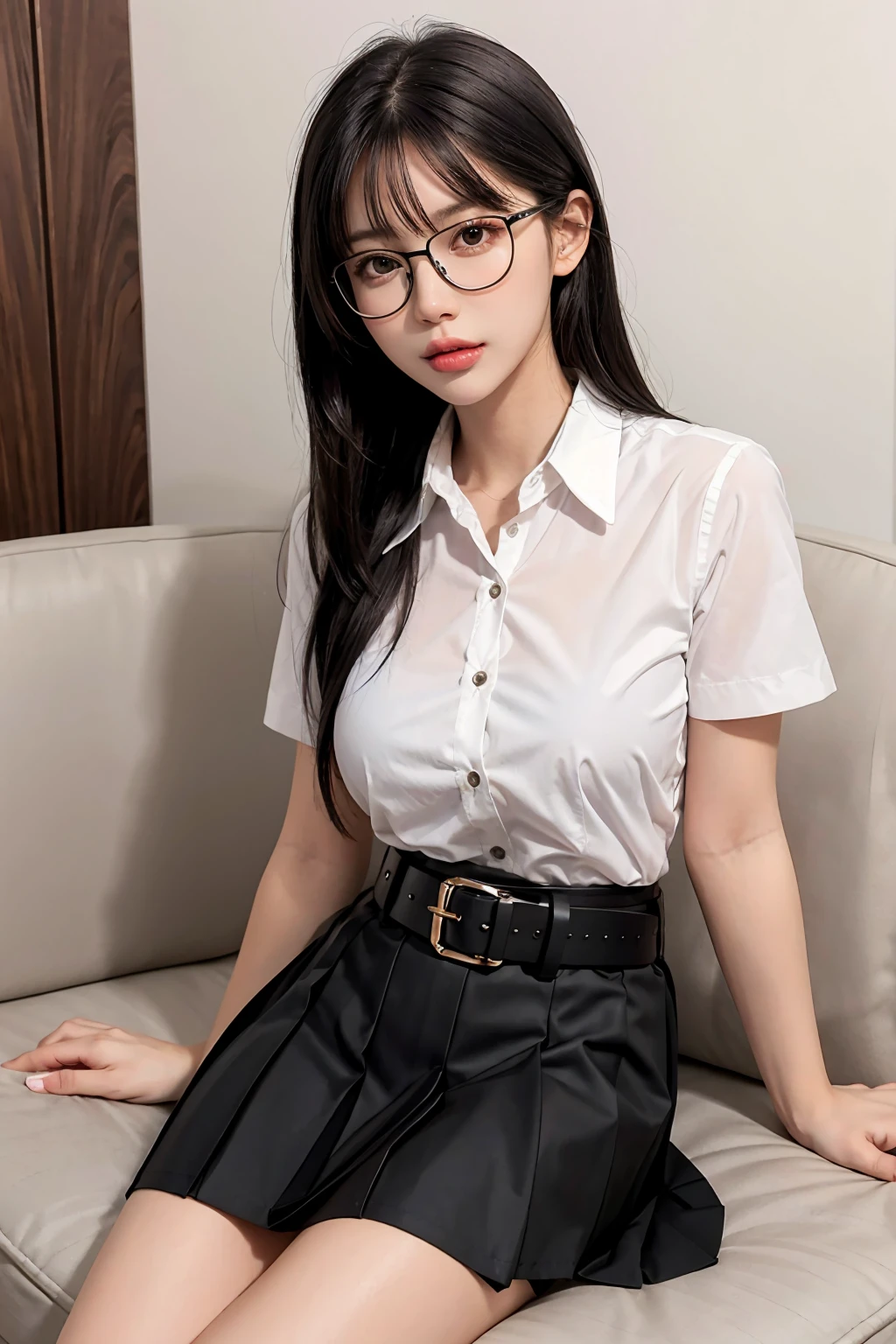 (Best quality, masterpiece, detailed), (RAW, 4k, hd images), shy, 1 girl, 17 years old, white skin, long hair, ponytail, layers hair, bangs, black hair, beautiful girl, cute girl, sweet girl, pretty girl, perfect girl, pretty eyes, blue eyes, thin lips, thin, (eye line, lip stick soft), medium boobs, glasses(detailed frame), indoors, smile, thigh, formal clothes, short skirt, sit on table, one thigh on top