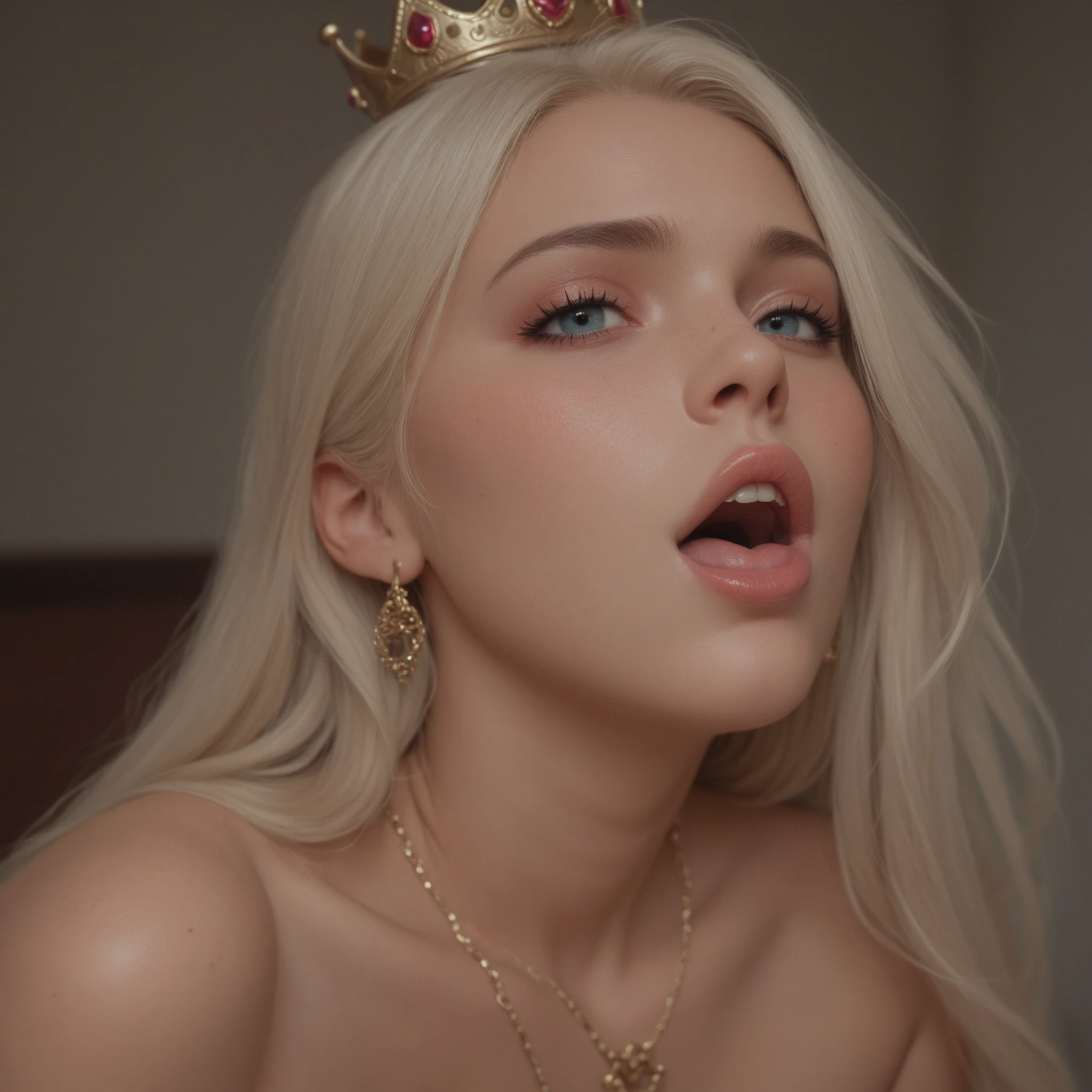 (masterpiece), (ultra high resolution), (extremely intricate), (exquisitely detailed), 1girl, (beautiful gorgeous arabic woman), (F1.4, 1/800s, ISO 100, (kneeling), legs spread, cupping breasts, Evil queen, homewrecker, (white hair), small breasts, laugh512, pink eyeshadow makeup, pink lips, white high cut lingerie, (aroused_face:1.4), perfect body, outline, from above