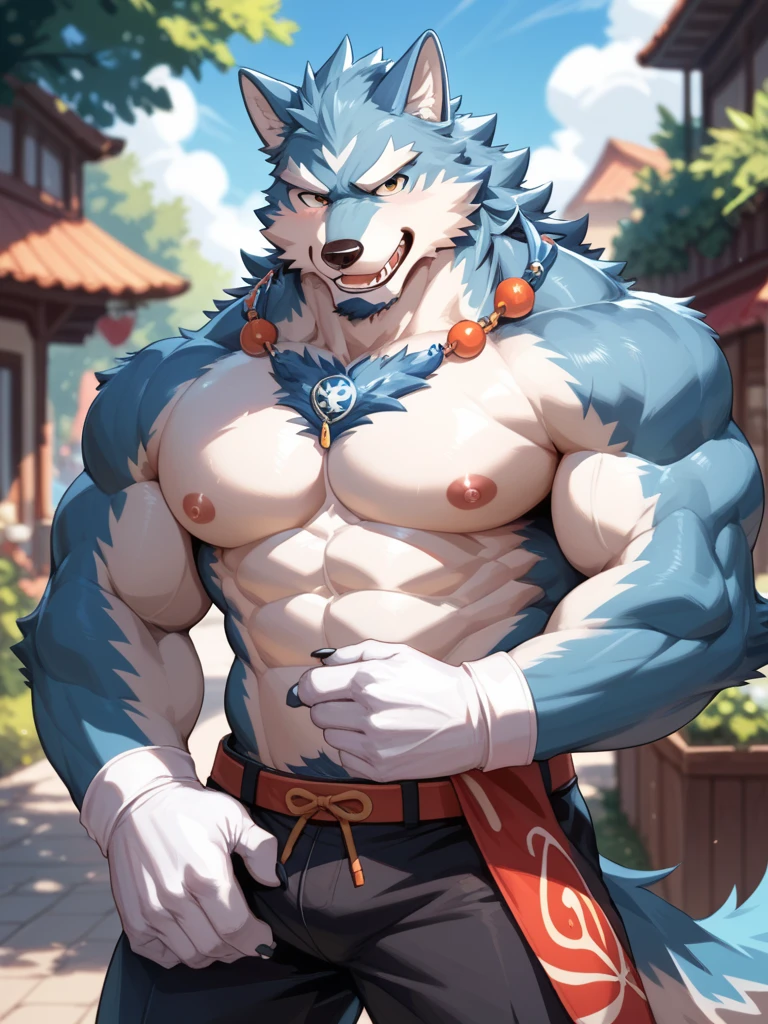 (morning), 1volibear, 独奏, 看着观众, summer, smile,肌肉男,beard,middle-aged,white fundoshi,((open) kimono),Chinese traditional clothes,close-up,stud earrings,nipple ring,sweat,majestic,brutal,confident,strong,cherry blossoms,in the lake,blush sticket