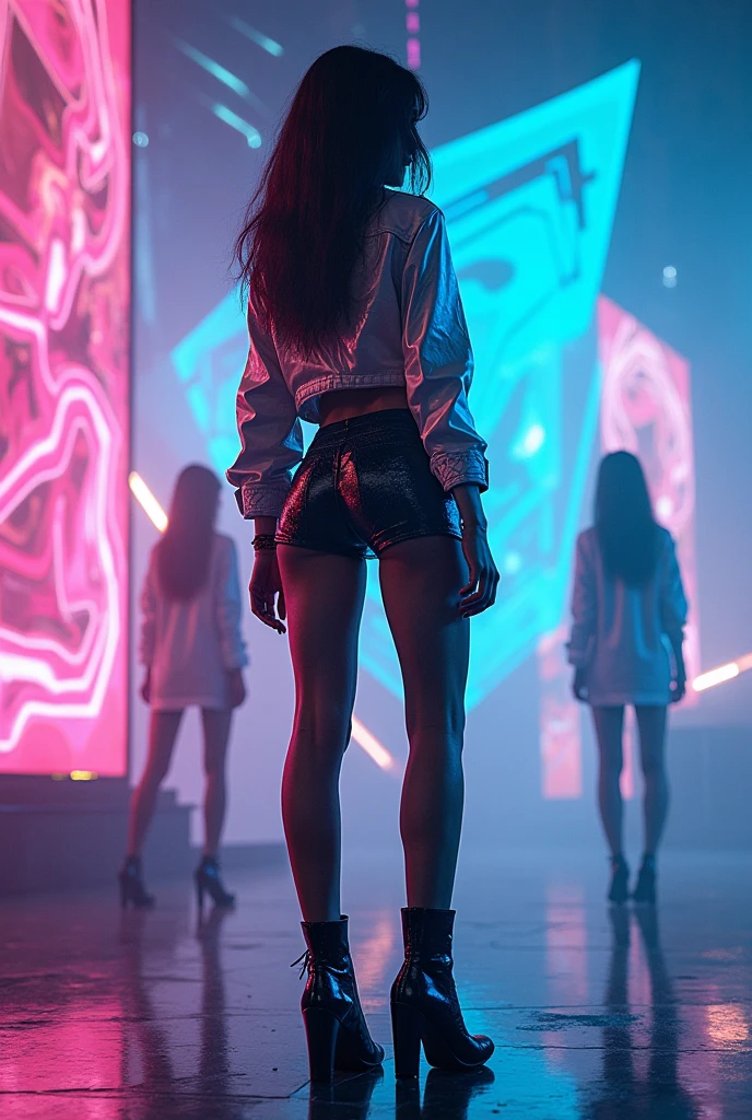 1girl, neontights, standing, party, disco, people, sneakers, purple tights, leather jacket, dark, darkness, no lightning, fishnets, long hair, professional photo , night, aesthetic, natural light, highly detailed, (highly detailed background), detailed textures, wide angle, 8k, HDR, professional photoshoot, high quality photo, realistic photo, realistic shadows, detailed shadows, realistic proportions,film grain, raw photo, (raytracing), <lora:NeonTights:0.8>, slate atmosphere, cinematic, dimmed colors, dark shot, muted colors, film grainy, lut, spooky