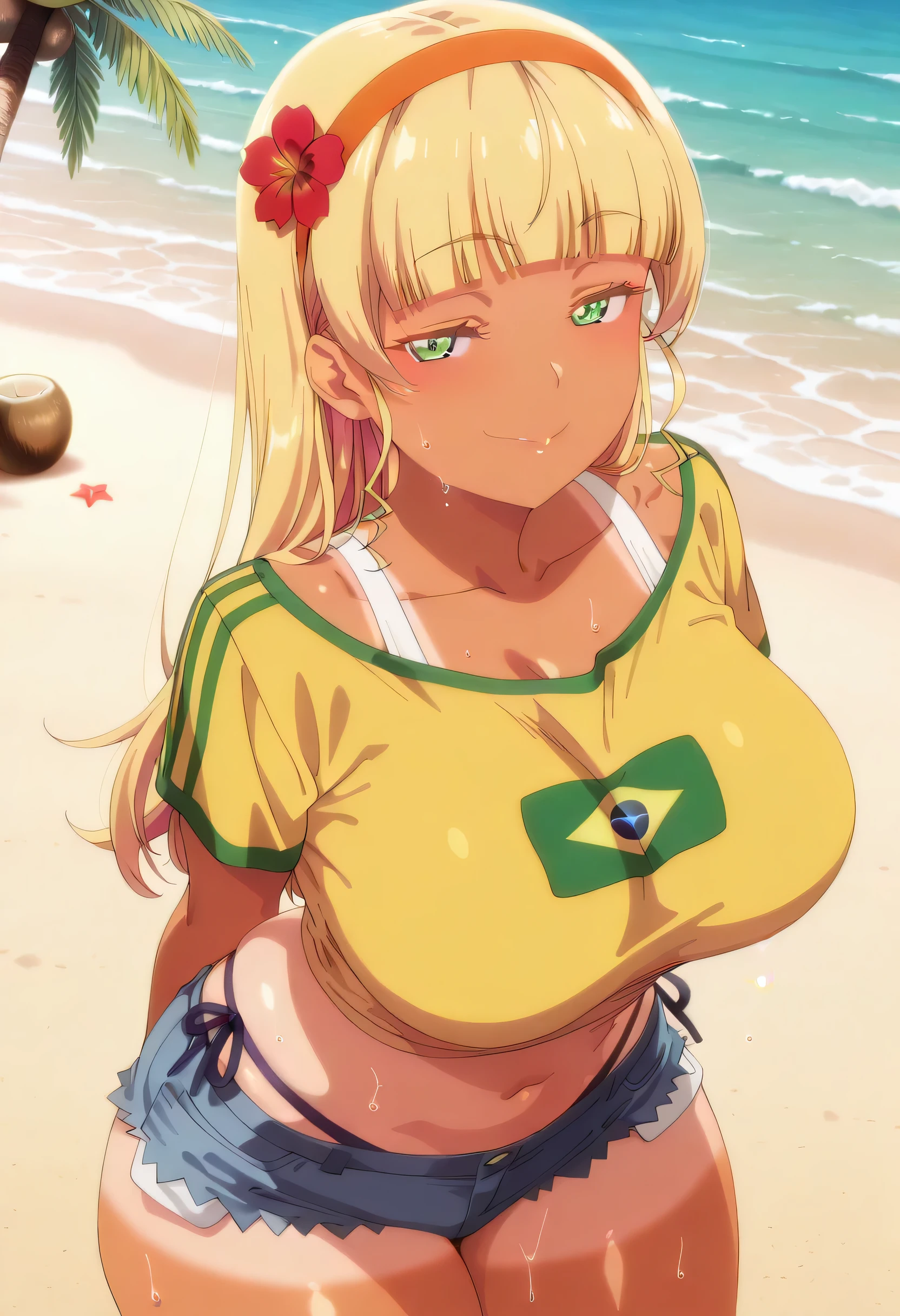 TRexStyle, (anime coloring, anime screencap), shiny skin, masterpiece, best quality, girl, beautiful face, clean skin, shiny hair, shiny skin, beautiful face, perfect eyes high quality shine, best quality, very aesthetic, absurd, perfect body quality, beautiful curves, masterpiece,best quality,absurdres,newest,highres, official art,screencap,anime screencap,anime coloring, masterpiece, best quality, very aesthetic, absurdres, best quality, masterpiece,best quality, high resolution, newest, official style, anime screncap, 1girl sumire heanna, long hair, bangs, blonde hair, green eyes, hairband, blunt bangs, orange hairband, mature female, red face very strong blush on the cheeks, , sunglasses on head, flower in hair, yellow shirt, brazil flag on shirt, denim shorts, booty shorts, tanned, 1girl, on the beach in front of the sea, several coconut trees, high quality masterpiece, effect of royal leftovers, sweat all over the body, wet with a lot of sweat, looking at the spectator with a smile