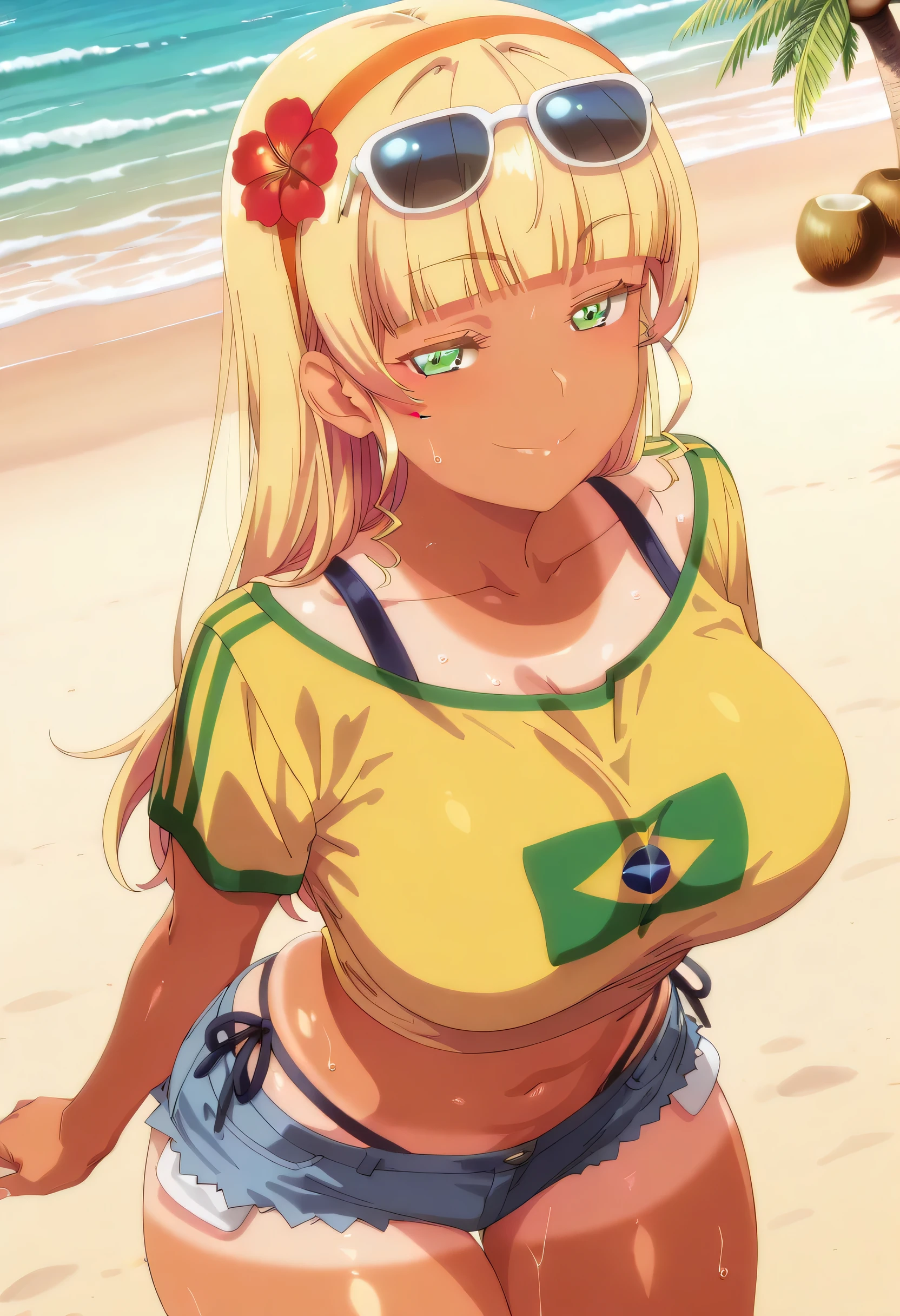 TRexStyle, (anime coloring, anime screencap), shiny skin, masterpiece, best quality, girl, beautiful face, clean skin, shiny hair, shiny skin, beautiful face, perfect eyes high quality shine, best quality, very aesthetic, absurd, perfect body quality, beautiful curves, masterpiece,best quality,absurdres,newest,highres, official art,screencap,anime screencap,anime coloring, masterpiece, best quality, very aesthetic, absurdres, best quality, masterpiece,best quality, high resolution, newest, official style, anime screncap, 1girl sumire heanna, long hair, bangs, blonde hair, green eyes, hairband, blunt bangs, orange hairband, mature female, red face very strong blush on the cheeks, , sunglasses on head, flower in hair, yellow shirt, brazil flag on shirt, denim shorts, booty shorts, tanned, 1girl, on the beach in front of the sea, several coconut trees, high quality masterpiece, effect of royal leftovers, sweat all over the body, wet with a lot of sweat, looking at the spectator with a smile