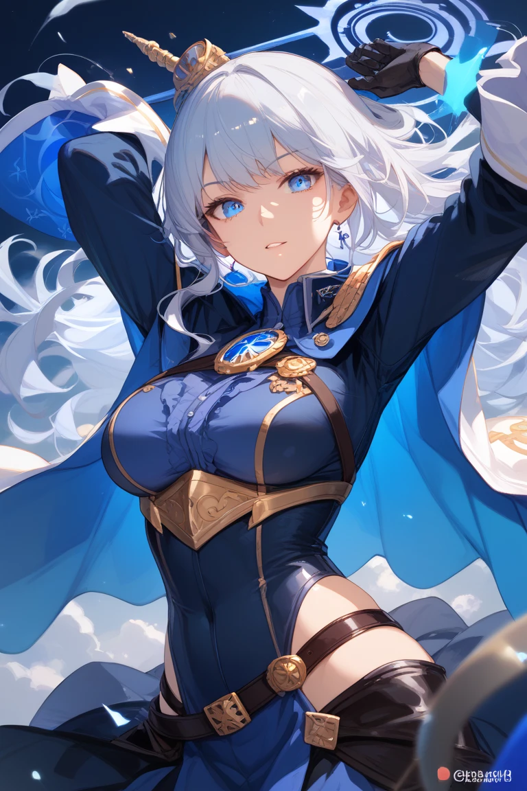 Hot girl, white air, blue eyes, black super hero clothes like superman, blue glove, blue cape cat ears