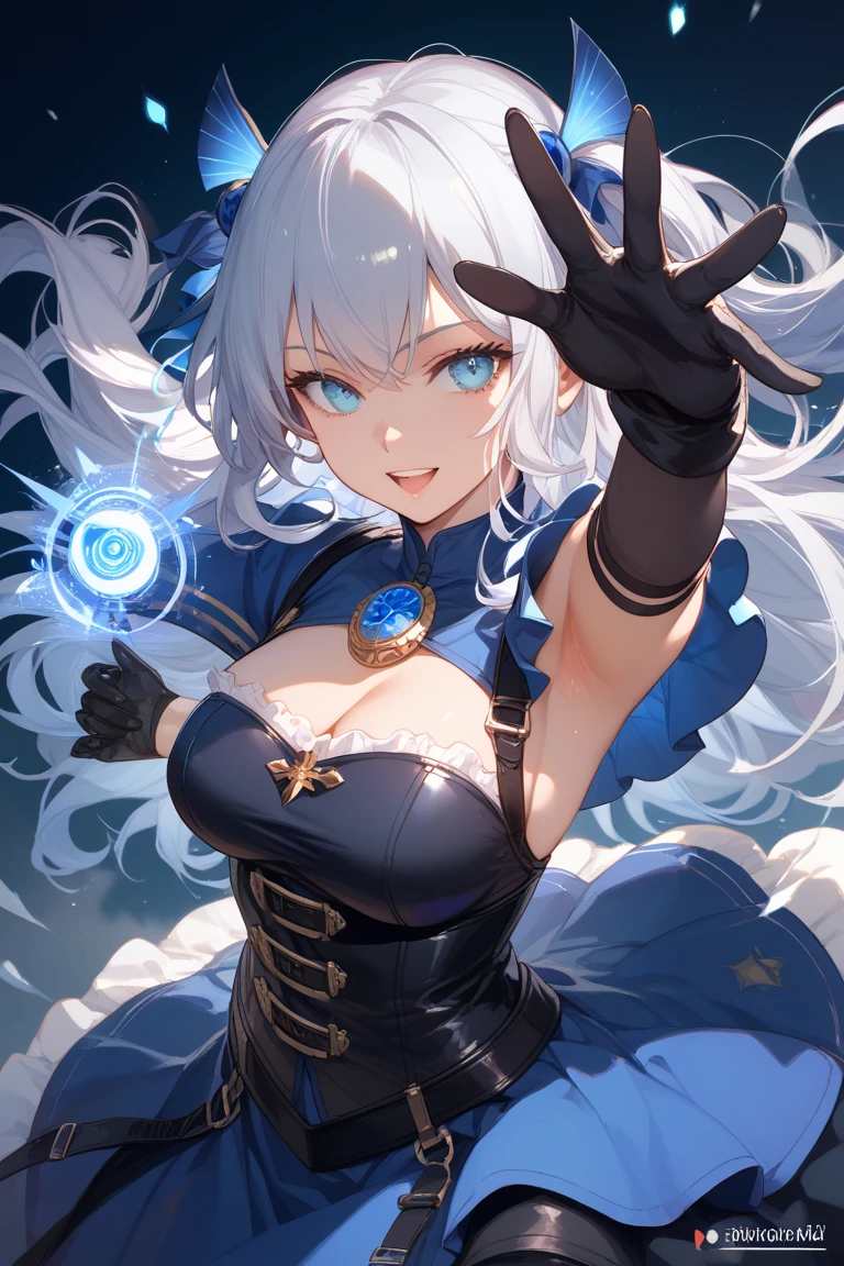 (a masterpiece), better quality, ultra-detailed details, tall and sexy woman, curled white hair, blue eyes, blue curved horns, wearing a gorgeous blue night blue dress, long blue gloves, blue demon tail, holding a pink flower, with an enveloping and exciting background, as if floating in the air.