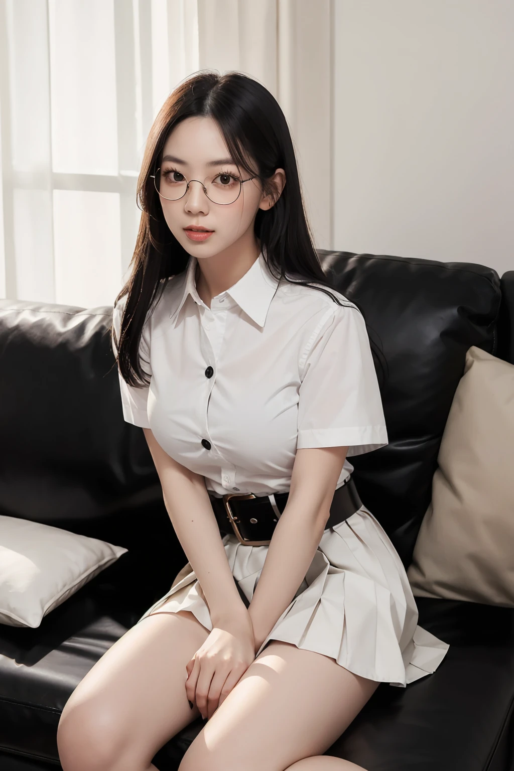 Upper body: 1.2 1女of子, masterpiece, highest quality, Super detailed, illustrinion, small eyes and small face) Clothes: Tight long skirt, White shirt with neckline, white socks, wedding ring, allure: low black hair, Clean bread, maquillaje ninural, (black eye: 1.05), white glasses, wide hips, huge breasts , fascinating, minernal, in_of_chief executive officer（CEO）_office, looking at the viewer, bent, sensual, whole body, chief executive officer（CEO） lady, (mature woman, mature woman: 1.1), Sit on the couch and open your legs, officein, Open the legs showing panties, white panties, legs open,