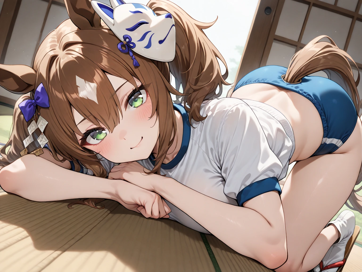 One girl, alone, 20-year-old, Brown eyes, Brown Hair, smile, Nice casual clothes, grassland, Lie on your back, Large breasts, headphone, masterpiece, Fine Fingers, 最high quality:1.4, high quality, detailed,