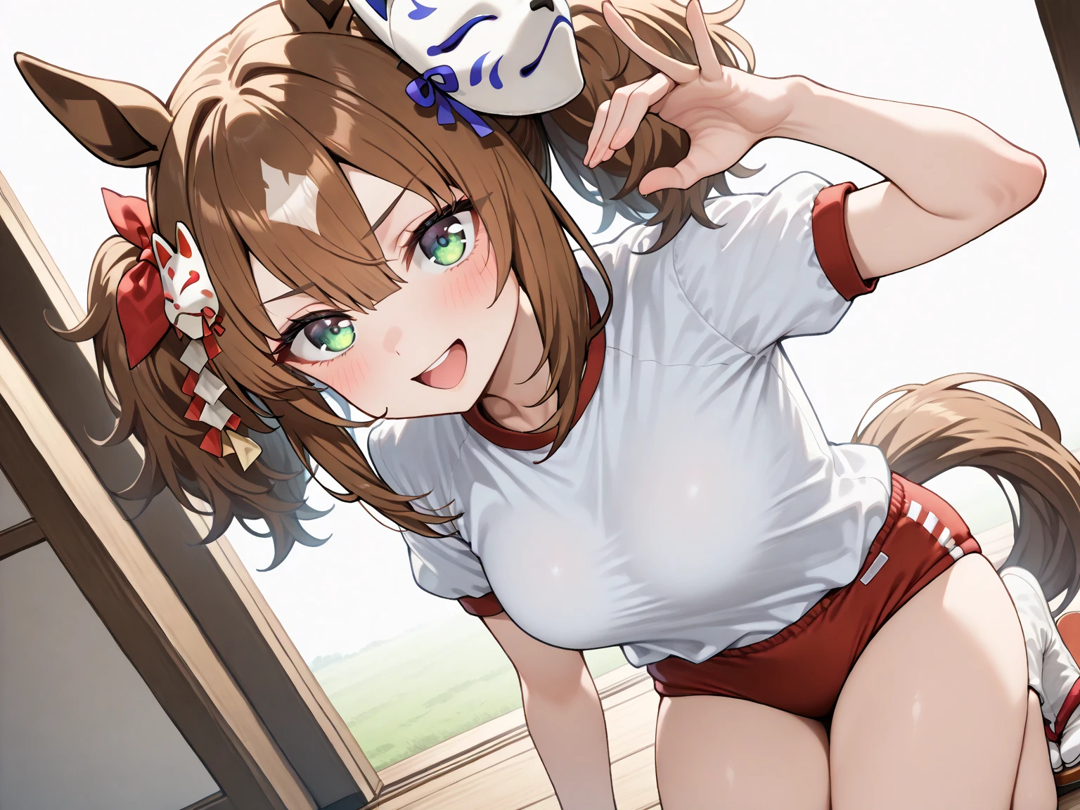 Highest quality,masterpiece, best resolution, nsfw, 1 girl, topless, huge breasts,pink nipple, belly button,indoor, blush, standing, looking at viewer, horse ears, horse tail, portrait