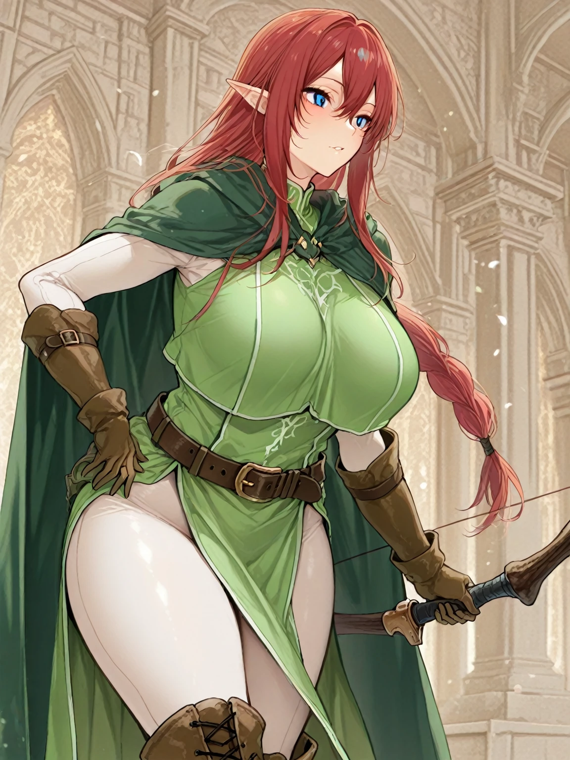 masterpiece, best quality, warHapi, earrings, circlet, underbust, green cape, pelvic curtain, thigh boots, large breasts, smile, cliff, sunset, looking at viewer