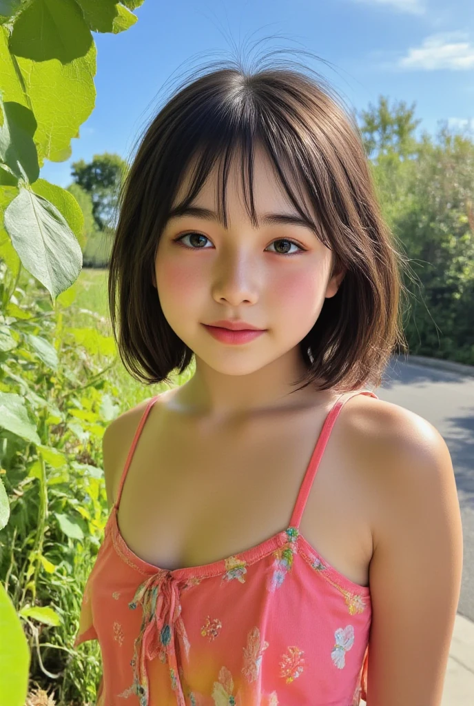 ((Detailed and realistic faces)), (10 years old:1.1), 1 person, girl, (Baby Face:1.2), (Very thin body:1.2), (Small breasts), in the forest, (nude), Bob Hair, BREAK, (Pink Hair), BREAK, (smile), (No makeup), Sitting cross-legged