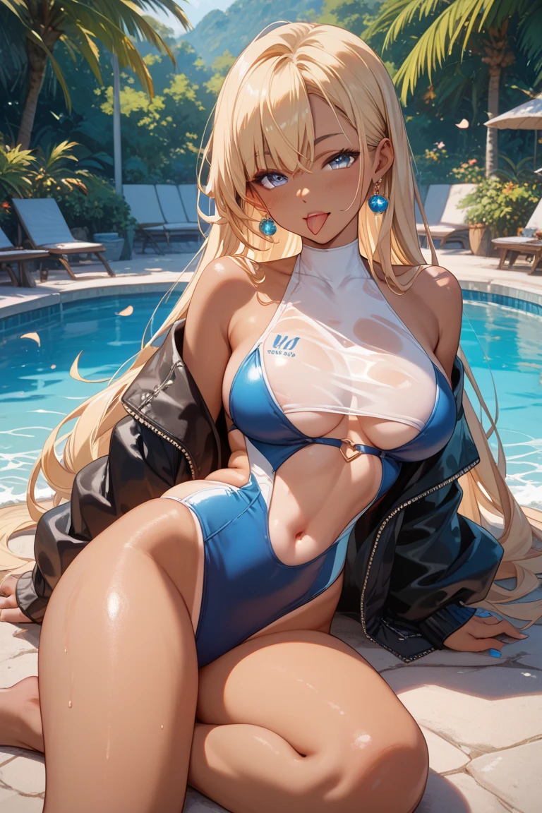 blonde, navel, gal, blush, invincible smile, creepy smile, erection, (brown skin:1.2), big tits, wet teka, photography, best quality, masterpiece: 1.2, (realistic, photorealistic: 1.37), fine lashes,, areola look, panties, wet uniform, schoolgirl, dark blue pleated skirt, brown skin, summer clothes, wet shirt, naked