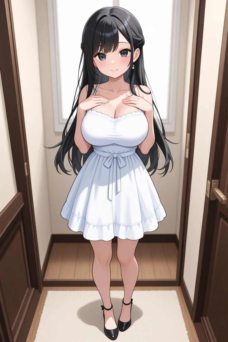 (masterpiece, high quality:1.4), break,White skin、
One Girl, Teen, alone, (Large Breasts:1.2),(Semi-long hair:1.2), Black Hair、bangs、Short Mash Hair、Tight waist, Brown eyes, break、Grey maxi dress、The whole body is visible、smile