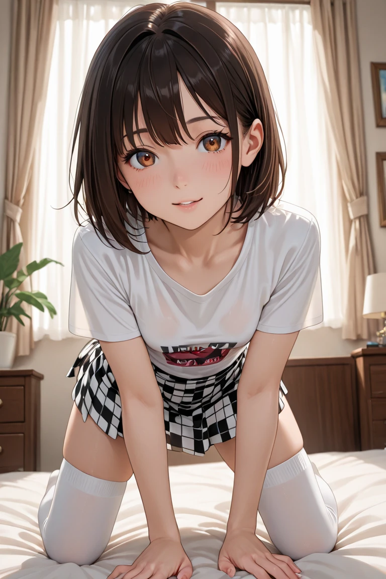 Best Quality, masutepiece, ((Solo, 1girl iaka mikoto, Short hair, fine detailed shiny eyes, Small chest, High resolution, The best lighting, Extremely detailed illustrations, blush, embarrassed, Smile, Open mouth, Realistic, crotch seam, Cameltoe, window, day, on the beds, NSFW, Lori,Spread legs, T-shirt, No skirt, No shorts, Dirty crotch