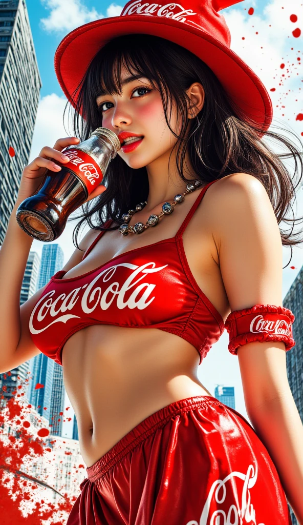 Shoot to Sneesnaw onlyfans) with a statuesque figure. She is completely covered in a full-body bodypaint, and the intricate design on her skin is unmistakable - it is the iconic Coca Cola logo. The woman is not wearing any clothes, ((full leotard makes to bodypaint like Coca-Cola bottle only the paint that adorns her body like a second skin. Her smooth, toned skin glistens under the studio lights, accentuating every curve and contour of her young, fit form. The Coca Cola logo covers every inch of her body, from her chiseled abs to her ample cleavage, with the familiar red and white colors standing out boldly against her dark s,kin. . This image is part of marketing campaign new ((advertising campaign for Coca Cola, featuring real-life full bodysuit make to bodypaint coca cola emding in prominent goddesses like this latina whose bodies are painted to perfection.full body cover, full bodypiant posing for all in a middle to mall