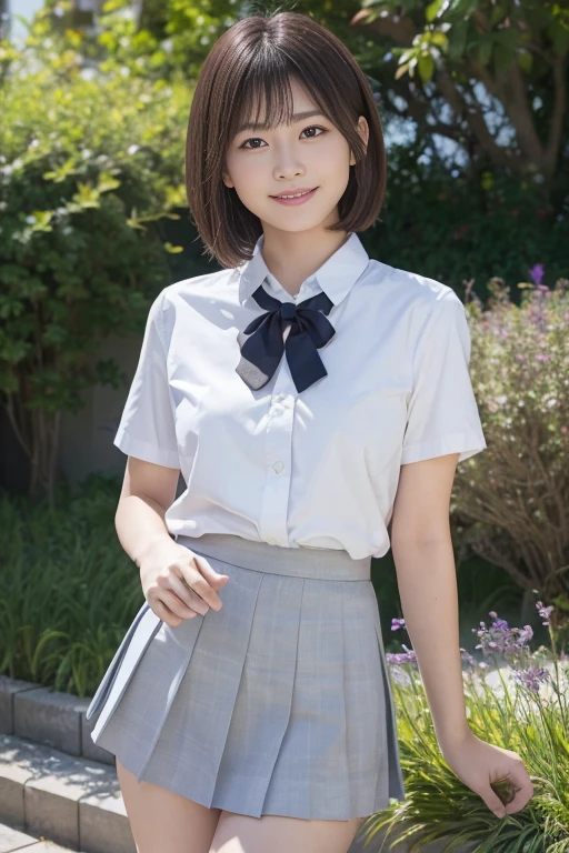 ((Best of the highest quality, 8k, Masterpiece, raw photo: 1.2)), (Sharp focus: 1.2), (1 AESPA, slim body type female, 21 y/o: 1.1), (solo: 1.28), (realistic, photo-realistic:1.37), face focus, cute face, finely eyes, (droopy eyes: 1.32), (Emphasize prominent aegyo-sal with bright: 1.2), shimmering eyeshadow applied under the lower lash line, paired with thick, (small breasts, flat chest, Thigh: 1.3), (short bob hair: 1.28), (neat bra, school uniform skirt: 1.32), walking in rice field, paddy field, flower, (from below: 1.12)