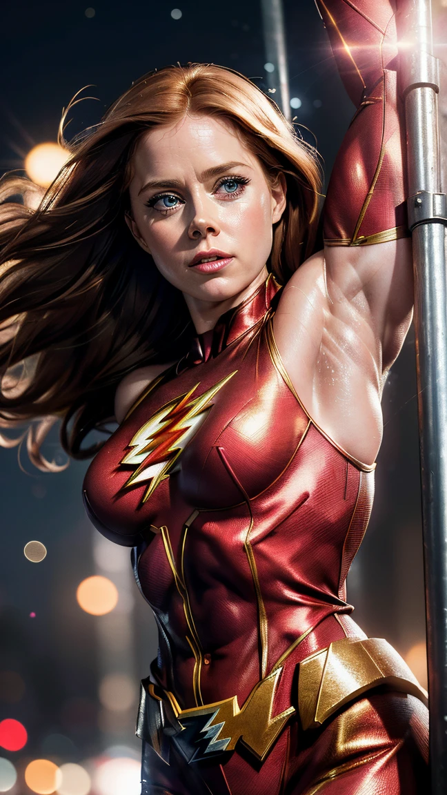 8k , Realistic , ((masterpiece:1.1)) , 35 years old , Amy Adams as The Flash Detail Costume , ((breasts:1.3)) , ((muscles:1.4)) , Armpits , Sweaty Body , Extremely Detailed , Chaos City Background , Look to Viewer , In Action , 2 Hand Hanging on an Iron Pole ,Amy Adams as The Flash , ((roundbokeh:1.2))