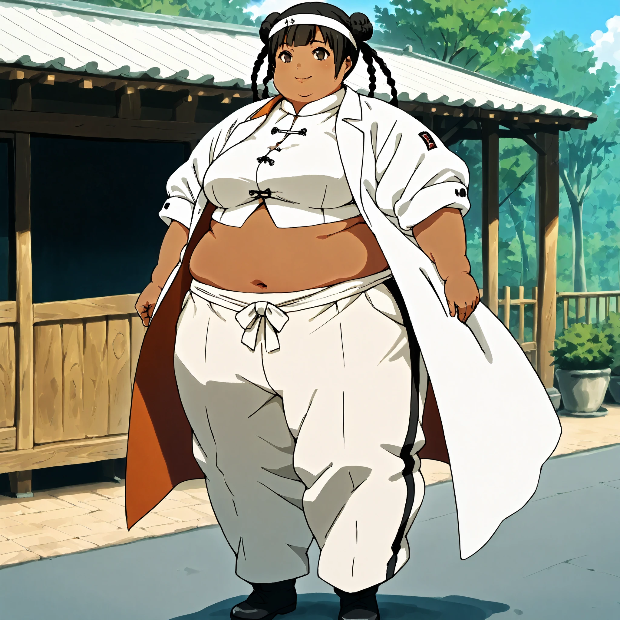 masterpiece, best quality, score_9, score_8_up, score_7_up, score_6_up, outdoors, 1girl, xiaoyu, long hair, hime cut, twin braids, double bun, bangs, parted bangs, twin tails, black hair, brown eyes, dark skin, female focus, solo, white jacket, white pants, headband, short hair, smile, black footwear, coat, crop top, midriff sarashi, sarashi, full body