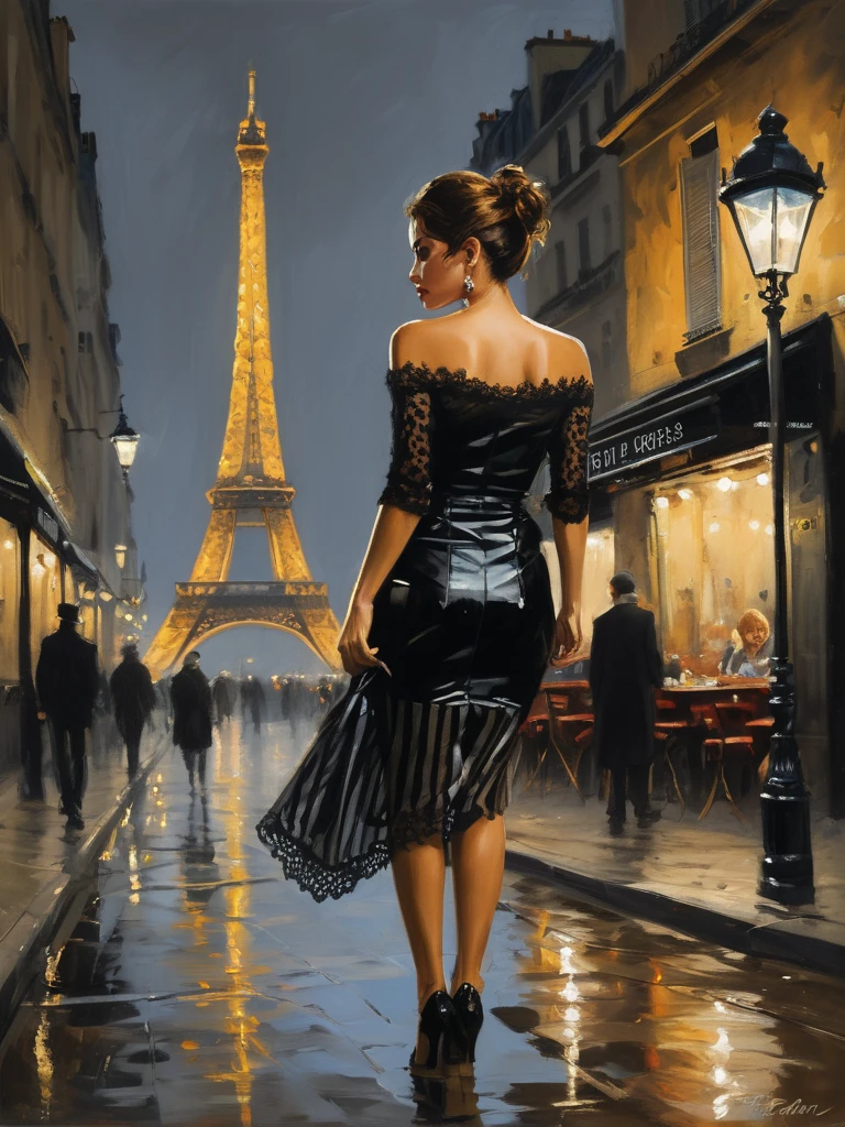 Rainy evening Paris of the 30s, gorgeous, beautiful, slim, with small breasts, 25 year old girl, in an amazing beautiful long dress, Expensive jewelry, makeup from the best makeup artists, Boa,last tango in paris, masterpiece, ultra-detailed, intricate details, Small parts, acrylic paint, airbrush, clear thin lines, hyperrealism