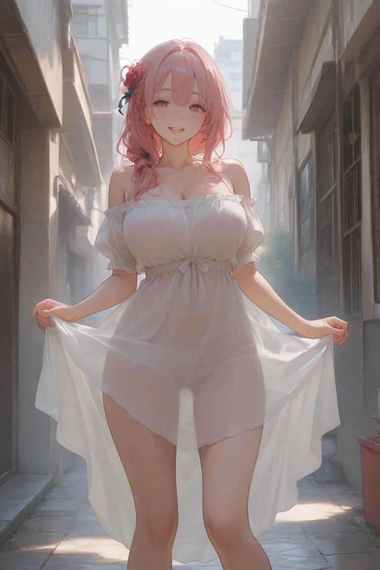 Girl with pink hair, medium breasts, transparent clothes,