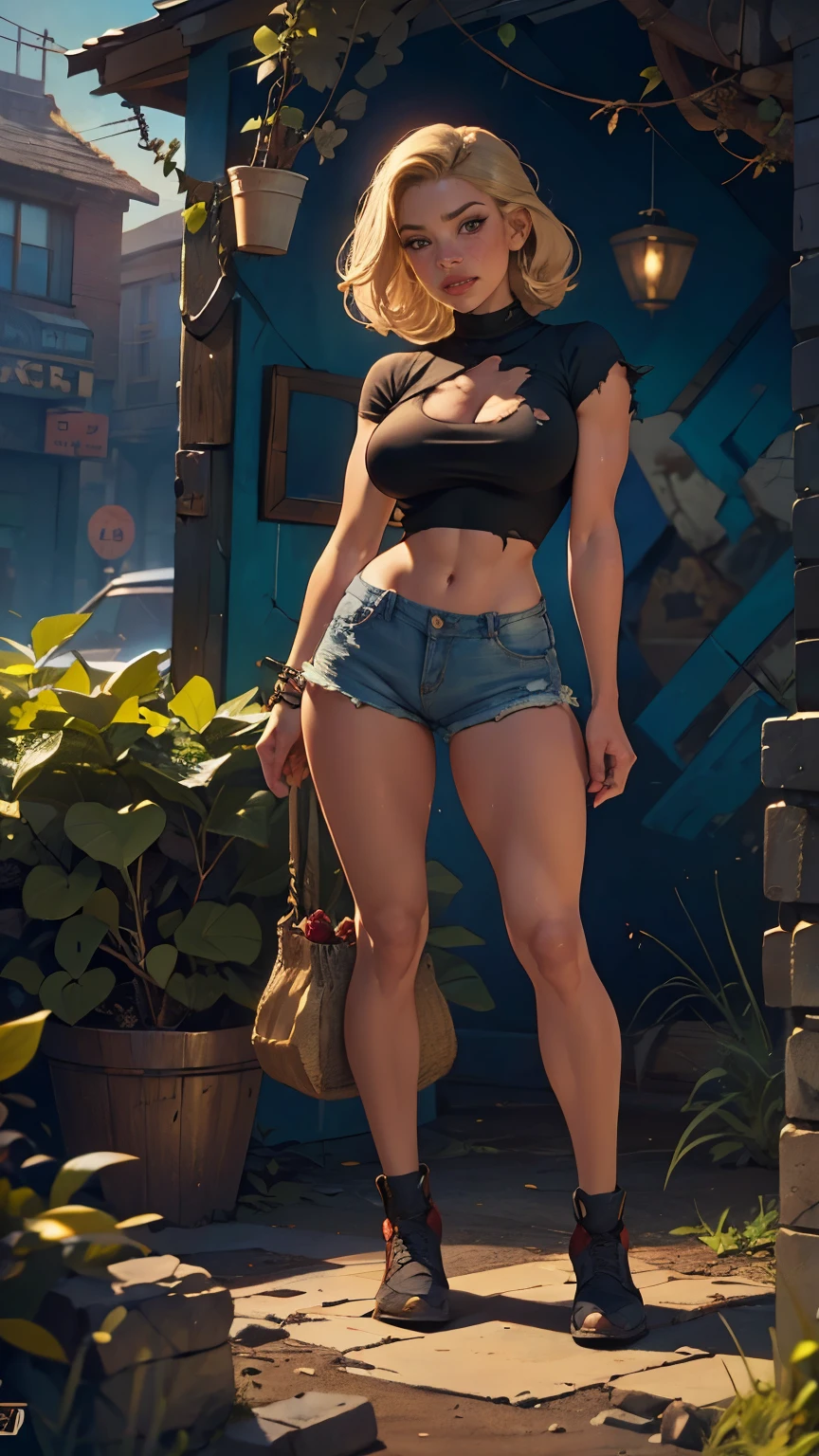 2076 year. N.uh. The Urban Ruins of the Wasteland, Female huntress picking fruit in the garden, beautiful face, torn shirt and denim shorts , sweating through, sun rising, Nice warm colors, head to toe full body shot