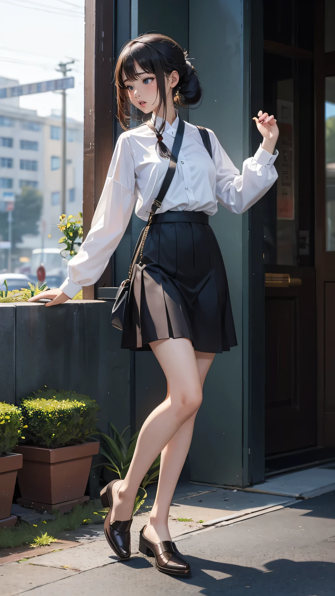 8k、High resolution、Maid Fashion、beautiful girl、Slender body、young、White skin,、Narrow eyes,High nose,Face lighting、Clear images、Intellectual beauty、skinny、No makeup、smile、Face lighting,Shiny Hair、single eyelid,Cute pose,Thin arms,(Flat Chest:0.6),black髪,Braid,,Put your hands up,Thin legs,Knee-high,black,Tiny hips