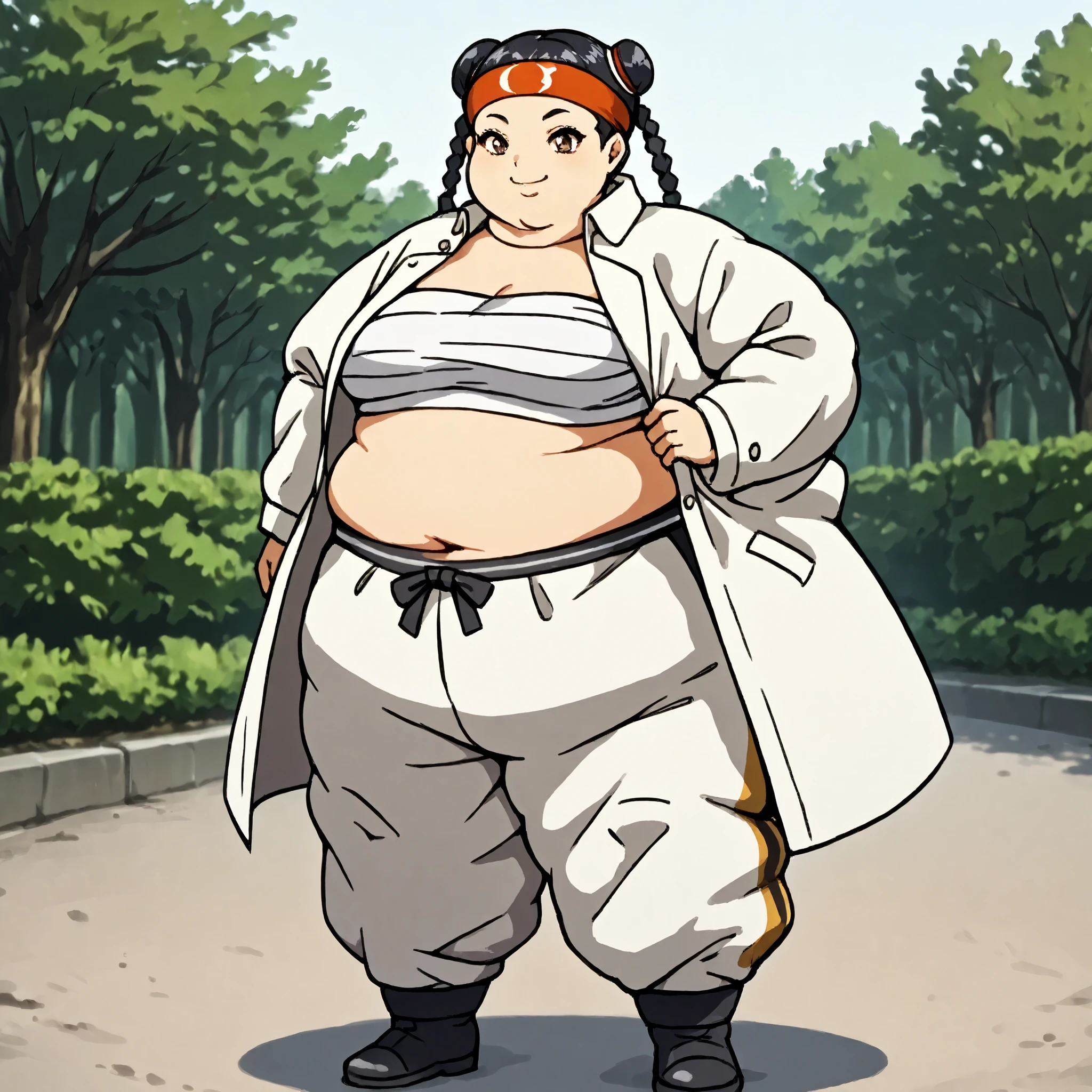masterpiece, best quality, score_9, score_8_up, score_7_up, score_6_up, outdoors, 1girl, xiaoyu, long hair, hime cut, twin braids, double bun, bangs, parted bangs, twin tails, black hair, brown eyes, female focus, solo, white jacket, white pants, headband, short hair, smile, black footwear, coat, crop top, midriff sarashi, sarashi, full body