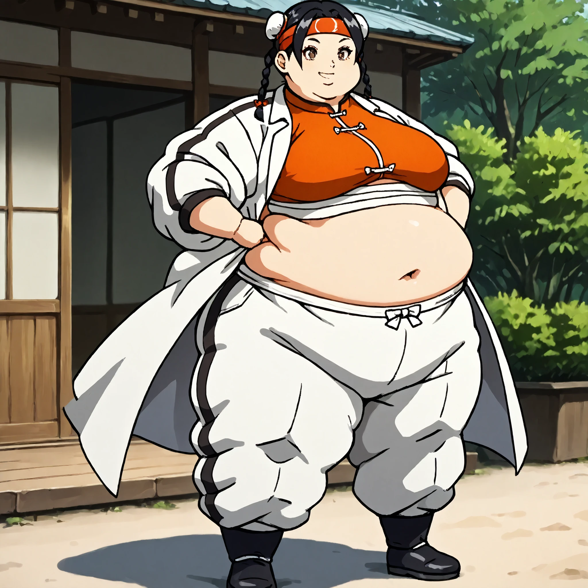masterpiece, best quality, score_9, score_8_up, score_7_up, score_6_up, outdoors, 1girl, xiaoyu, long hair, hime cut, twin braids, double bun, bangs, parted bangs, twin tails, black hair, brown eyes, female focus, solo, white jacket, white pants, headband, short hair, smile, black footwear, coat, crop top, midriff sarashi, sarashi, full body