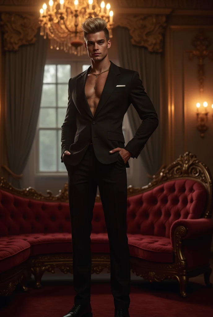 a muscular shirtless man with abs and pectorals, wearing black pants and an open red velvet jacket, standing on stairs, looking at the viewers, detailed facial features, brown short hair,