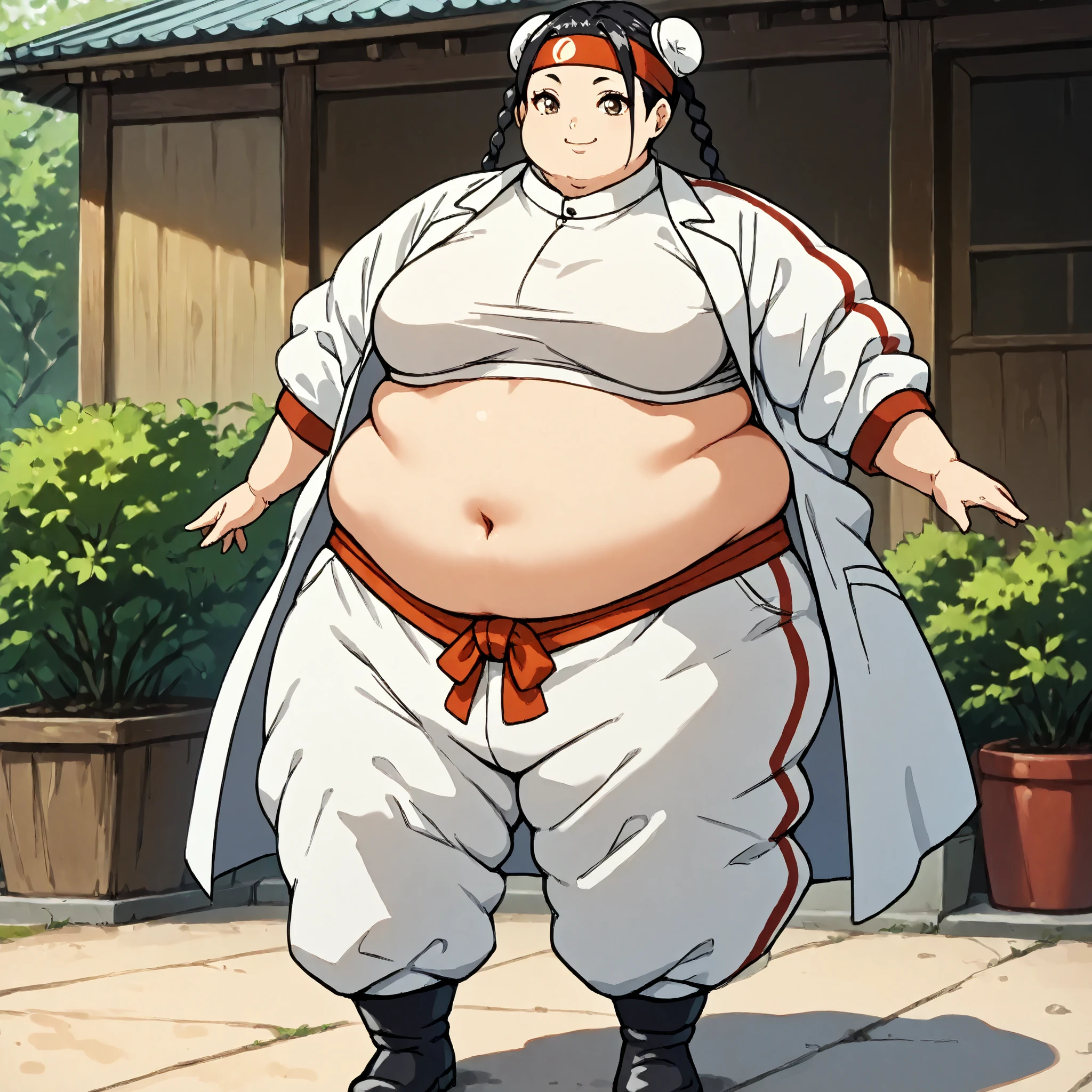 masterpiece, best quality, score_9, score_8_up, score_7_up, score_6_up, outdoors, 1girl, xiaoyu, long hair, hime cut, twin braids, double bun, bangs, parted bangs, twin tails, black hair, brown eyes, female focus, solo, white jacket, white pants, headband, short hair, smile, black footwear, coat, crop top, midriff sarashi, sarashi, full body
