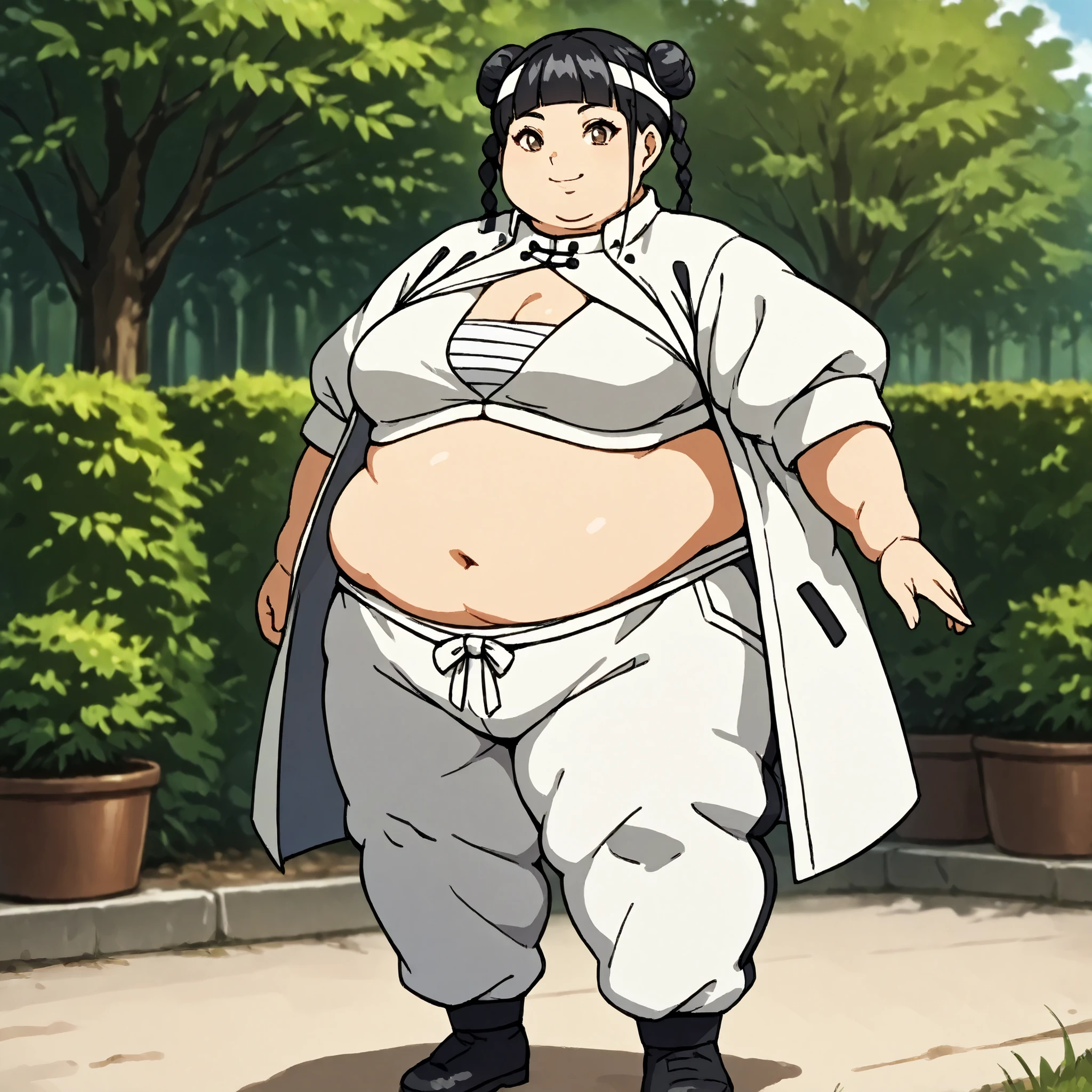 masterpiece, best quality, score_9, score_8_up, score_7_up, score_6_up, outdoors, 1girl, xiaoyu, long hair, hime cut, twin braids, double bun, bangs, parted bangs, twin tails, black hair, brown eyes, female focus, solo, white jacket, white pants, headband, short hair, smile, black footwear, coat, crop top, midriff sarashi, sarashi, full body