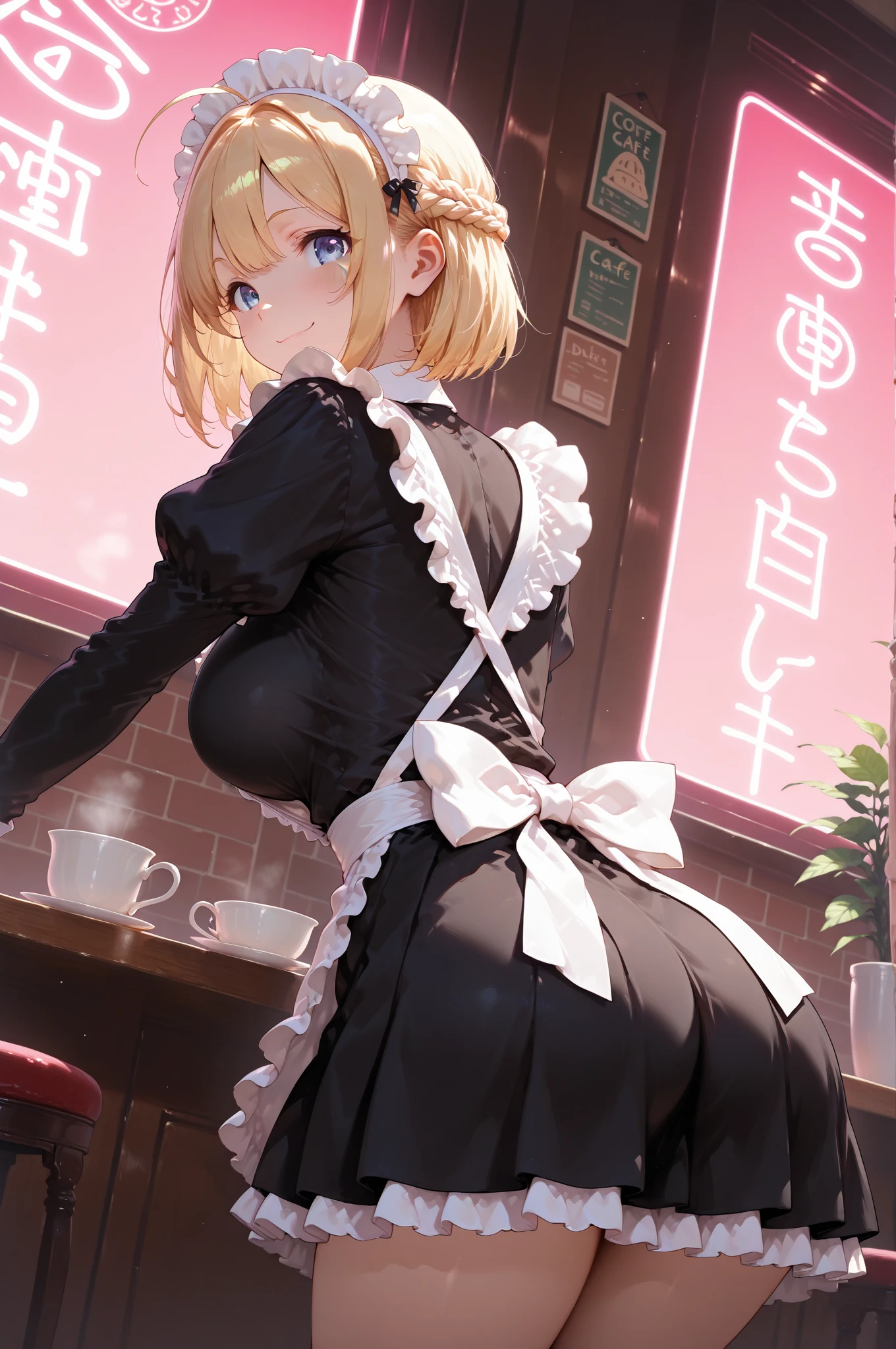 (ass on glass),(Put your butt on the glass),(from behind),looking back, 　
nsfw, bewitching pose, (((vulgarity))),
embarrassed,  fucked silly, oral invitation,
((Highest quality)), ((masterpiece)),(detailed),High resolution,Sharp focus,Perfect Face,{best illustration},(complete anatomy),
(非常にdetailed CG unity 8k wallpaper),(((Vibrant colors))),Official Art,((detailedなボディ)),(detailedな顔)),Perfect Fingers,
cute,erotic,Bold,very shiny 肌,Shiny body,plastic glitter 肌,exaggerated shiny 肌,illuminated skin,
Big Breasts,glamorous,Tight waist,Long legs,curve,Cleavage,Bold,Revealing clothing,show 肌,
(Complex eyes,Beautiful fine details,Symmetrical eyes,Big eyes:1.5,Seductive eyes,  Natural skin texture, Realistic facial details),
(Nishikigi Sensoku),short hair,bangs,Blonde,(Red Eye:1.5),Hair Ribbon,One Side Up,Bobcut,
(pubic hair),
completely nude,
(indoor),((Inside a café with soft light)),(Lots of antique tables and chairs),
((clock,Foliage plant,stage,Hanging L-shaped light,(Cafe Supplies:1.2),Coffee bean shelf)),((reflected light)),