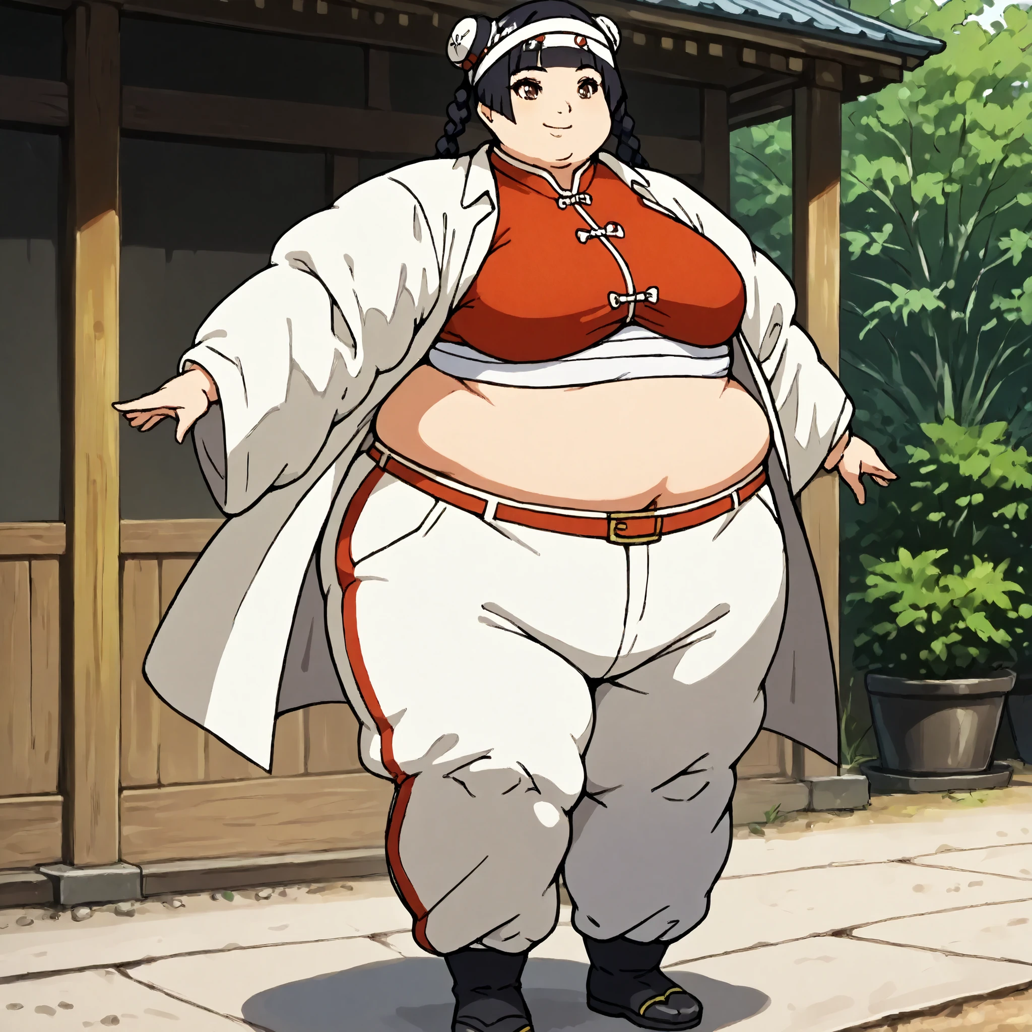 masterpiece, best quality, score_9, score_8_up, score_7_up, score_6_up, outdoors, 1girl, haylin, long hair, hime cut, twin braids, double bun, bangs, parted bangs, twin tails, black hair, brown eyes, female focus, solo, white jacket, white pants, headband, short hair, smile, black footwear, coat, crop top, midriff sarashi, sarashi, full body
