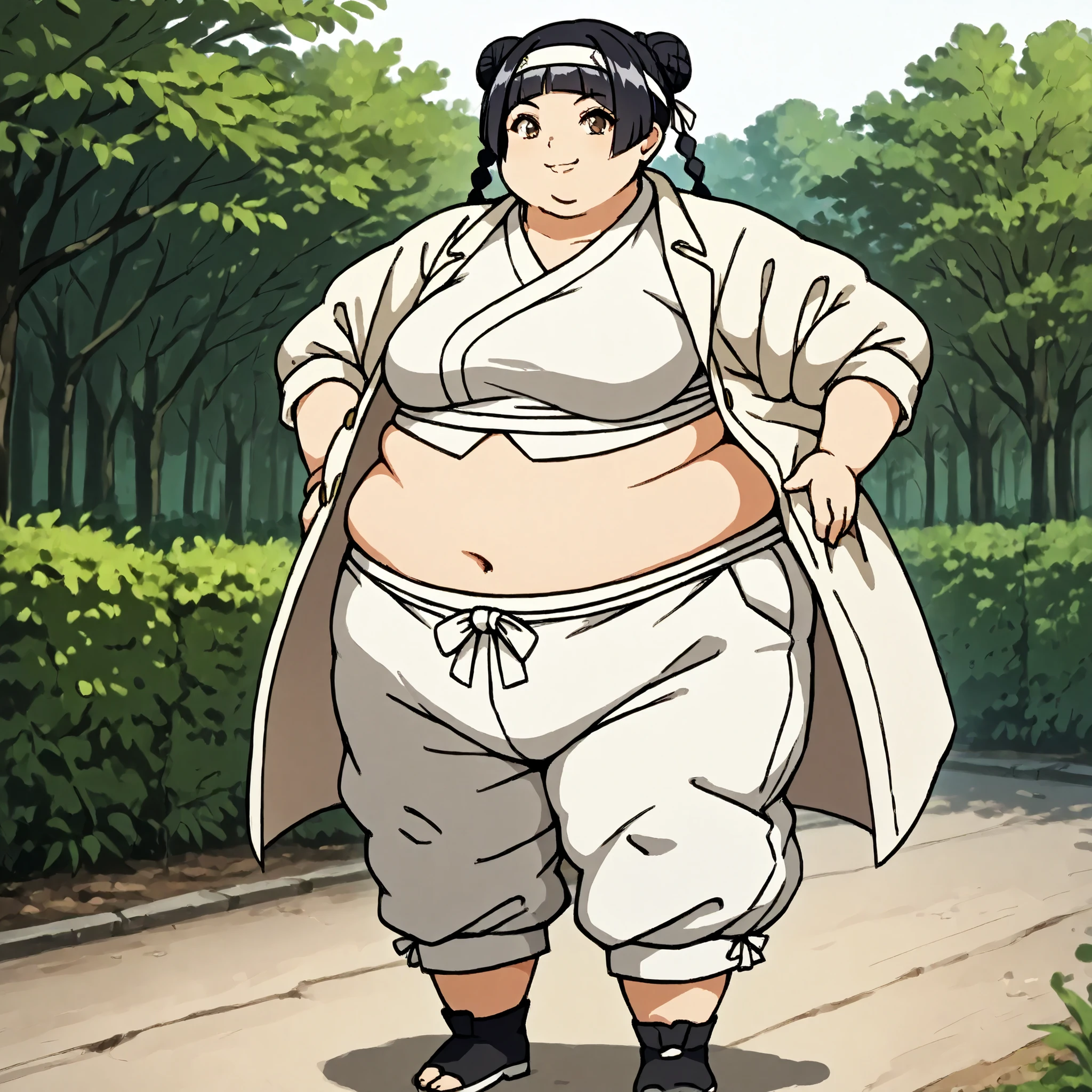 masterpiece, best quality, score_9, score_8_up, score_7_up, score_6_up, outdoors, 1girl, haylin, long hair, hime cut, twin braids, double bun, bangs, parted bangs, twin tails, black hair, brown eyes, female focus, solo, white jacket, white pants, headband, short hair, smile, black footwear, coat, crop top, midriff sarashi, sarashi, full body