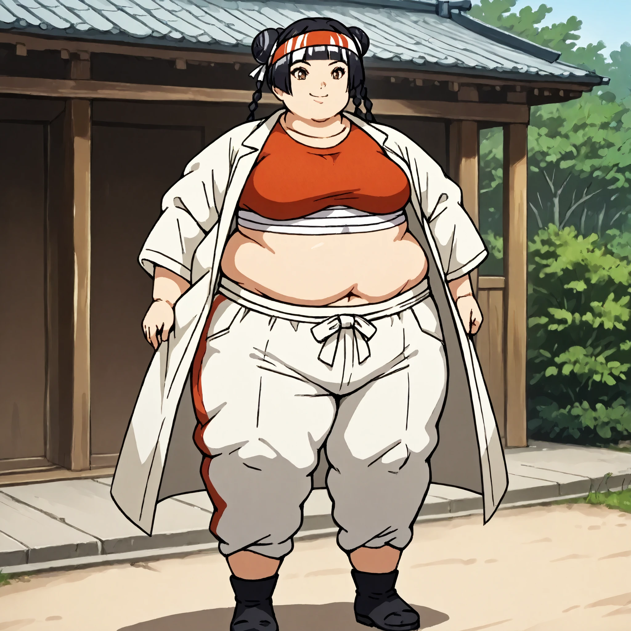 masterpiece, best quality, score_9, score_8_up, score_7_up, score_6_up, outdoors, 1girl, haylin, long hair, hime cut, twin braids, double bun, bangs, parted bangs, twin tails, black hair, brown eyes, female focus, solo, white jacket, white pants, headband, short hair, smile, black footwear, coat, crop top, midriff sarashi, sarashi, full body