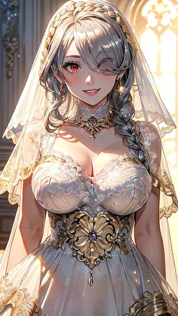 masterpiece, top quality, super detailed, high resolution, (ink painting style), excellent anatomy, beautiful 1 woman, 4k, RAW quality, (beautiful face, the most beautiful, clean, natural), (very big eyes, beautiful, symmetrical, great sharpness), loose hair in layers, thin gold threads adorn the veil that covers her chest, upper part of her body, light gray eyes with great clarity, (upper body:1.2), best light, best shadow, mysterious, perfect face, highly detailed,