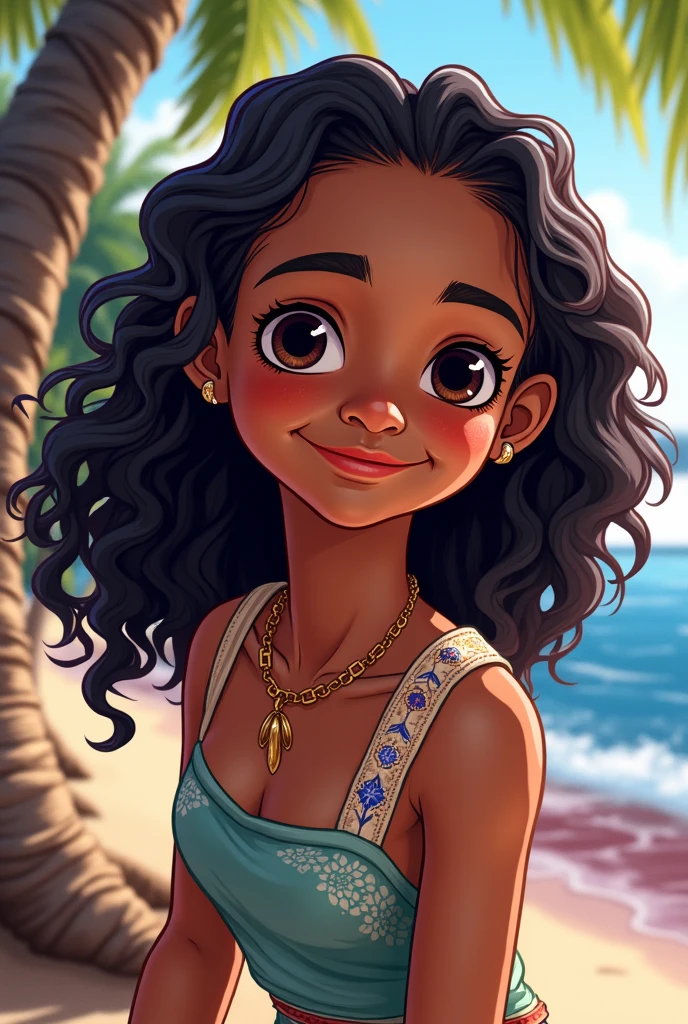 score_9, score_8_up, score_7_up, Mirabel Madrigal, 1girl, brown eyes, solo, two curly top hair knot buns with two curly hair strands on the side, strapless bathing suit, small breasts, cleavage, jewellery, 1girl, solo, close up