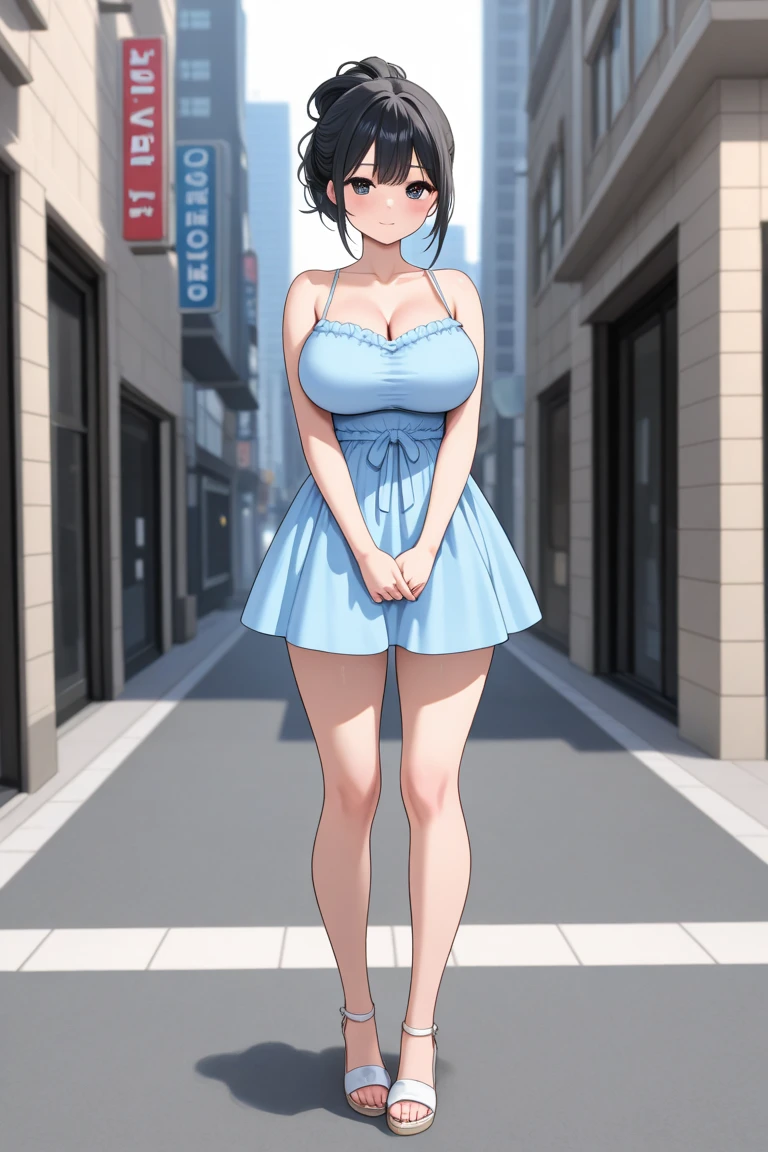 (vague background:1.3),tmasterpiece, actual, 詳細な目, Detailed pupils, cute big breasts, looking at viewert, natural lightting, depth of fields, filmgrain, The skin is wrinkled, 24 years of age, femele, Alone, (Colossal tits:1.4), Chopping, Blonde medium wavy hair, (Dentate skin:1.3) (Side breasts:1.2) (blue sundress), grinning smile, cparted lips, posing on a, Front view, (crowding street:1.4)